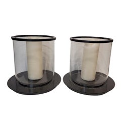 Pair of French candle holders, photophores, candlesticks, glass and black metal