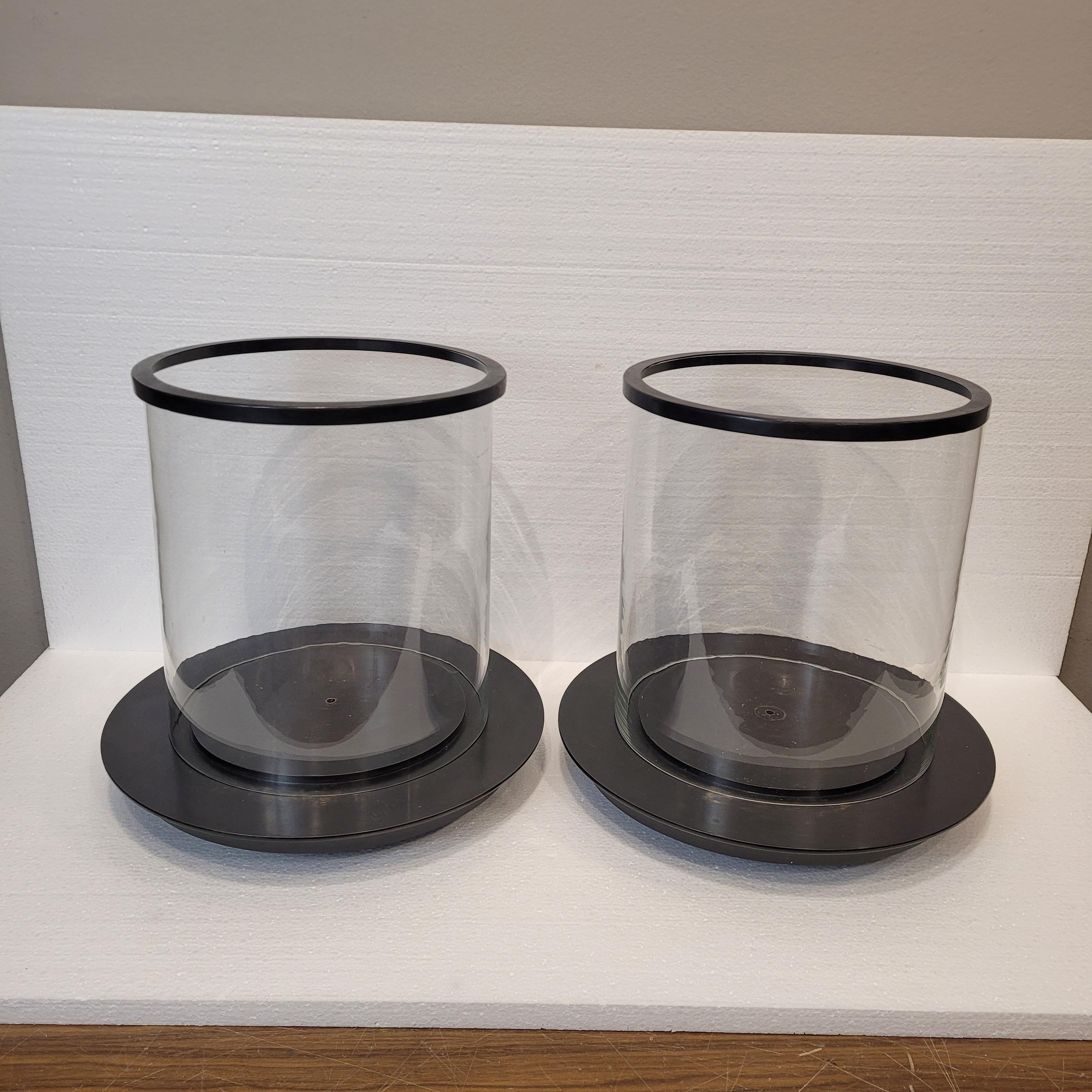 Steel Pair of French candle holders, photophores, candlesticks, glass and black metal For Sale