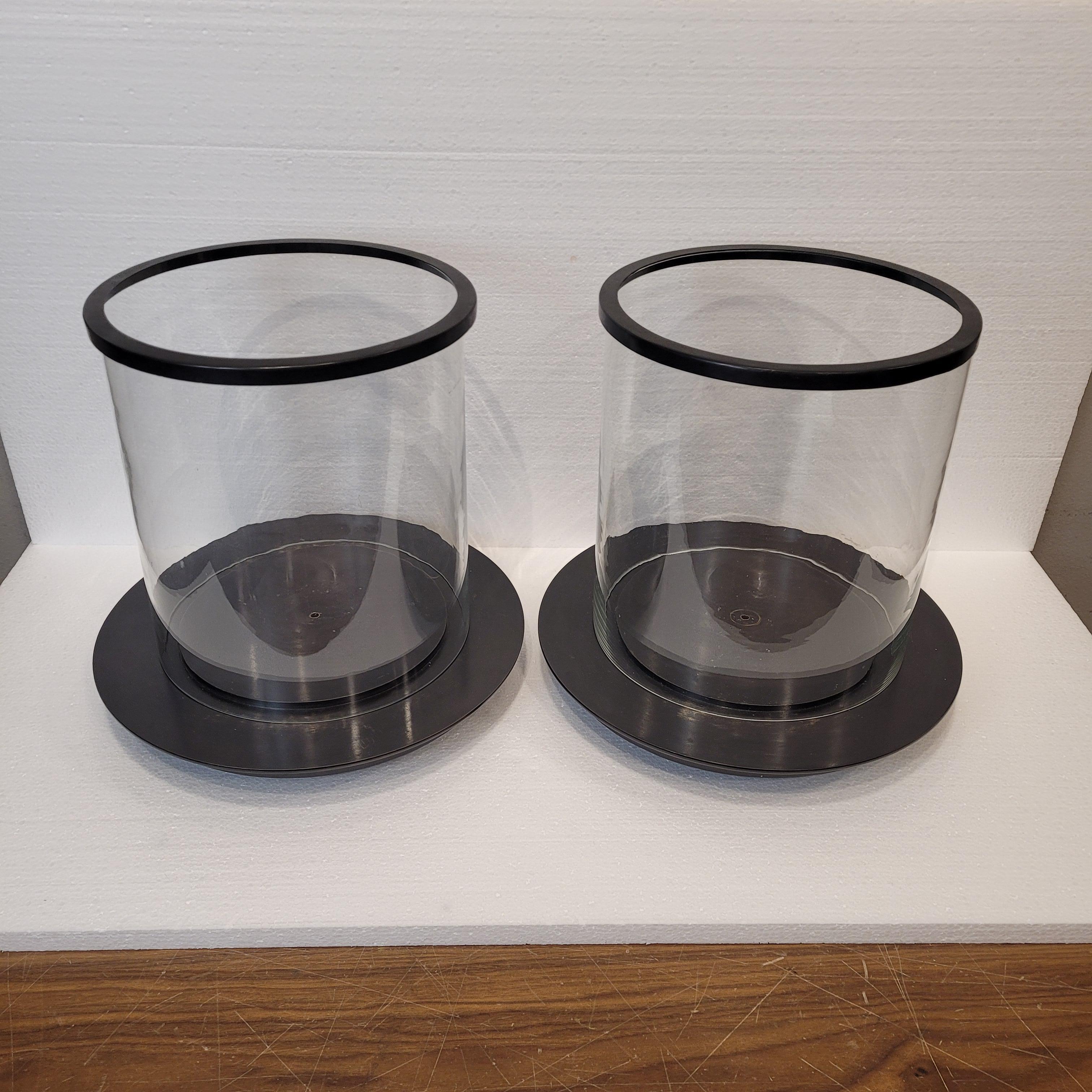 Pair of French candle holders, photophores, candlesticks, glass and black metal For Sale 1