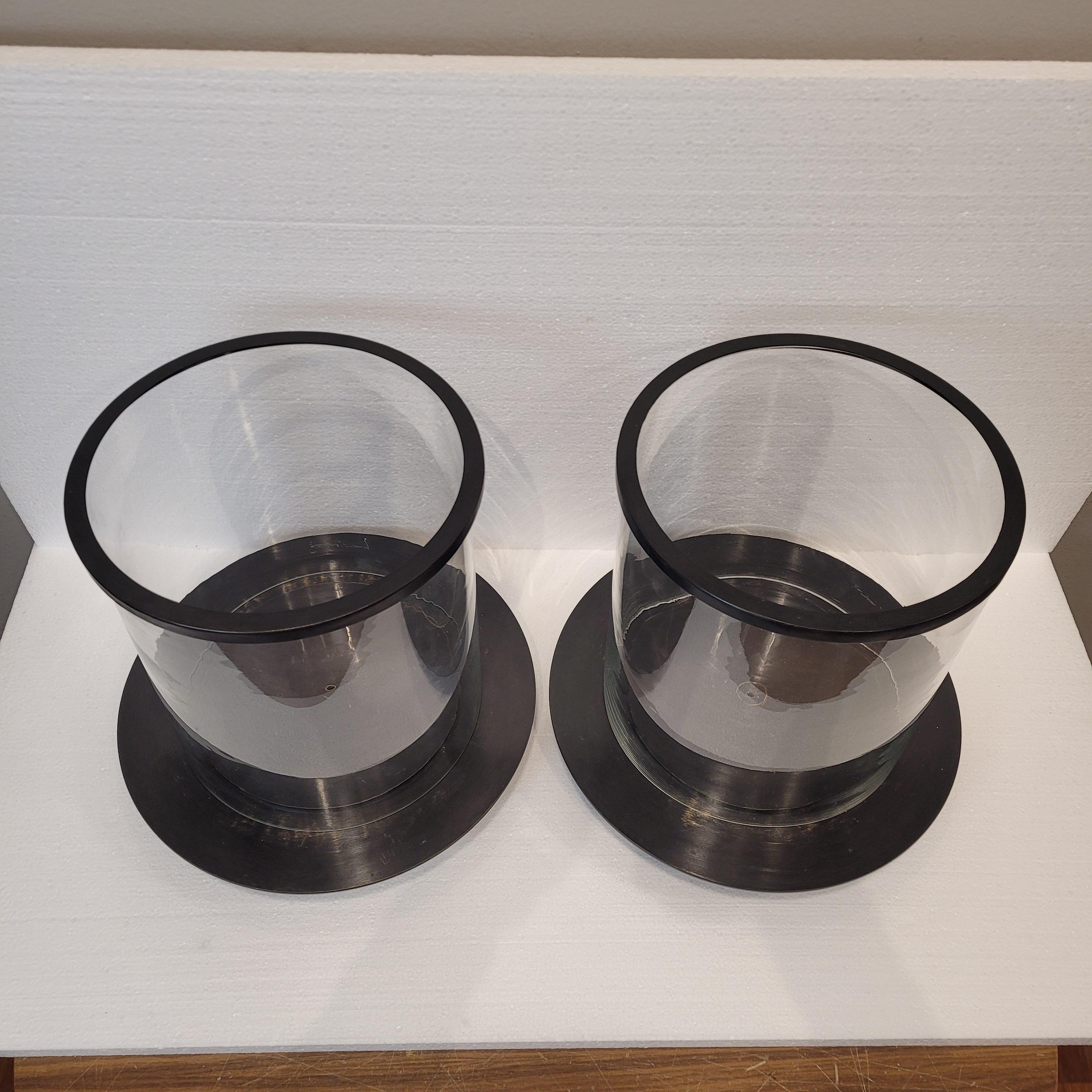 Pair of French candle holders, photophores, candlesticks, glass and black metal For Sale 3