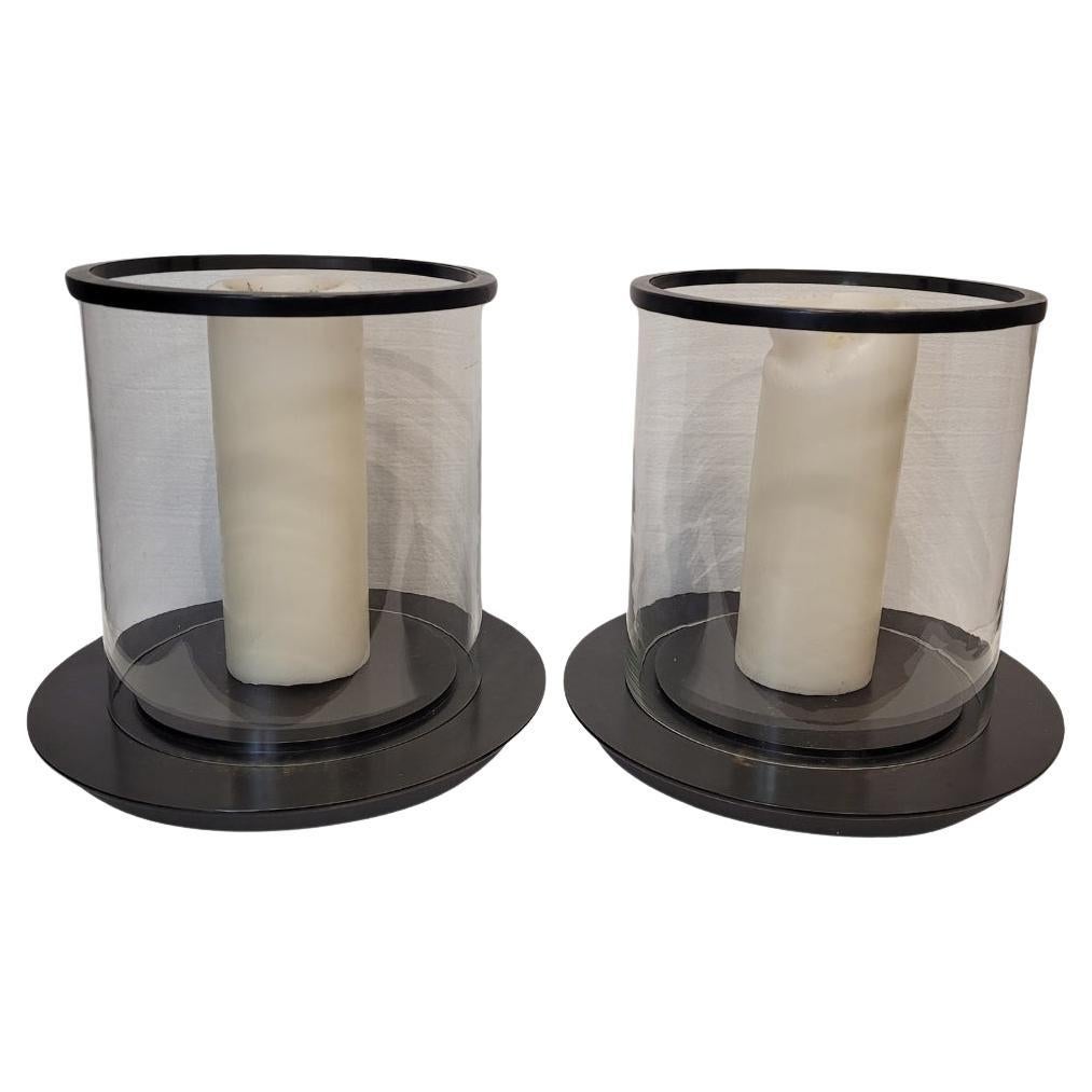 Pair of French candle holders, photophores, candlesticks, glass and black metal For Sale