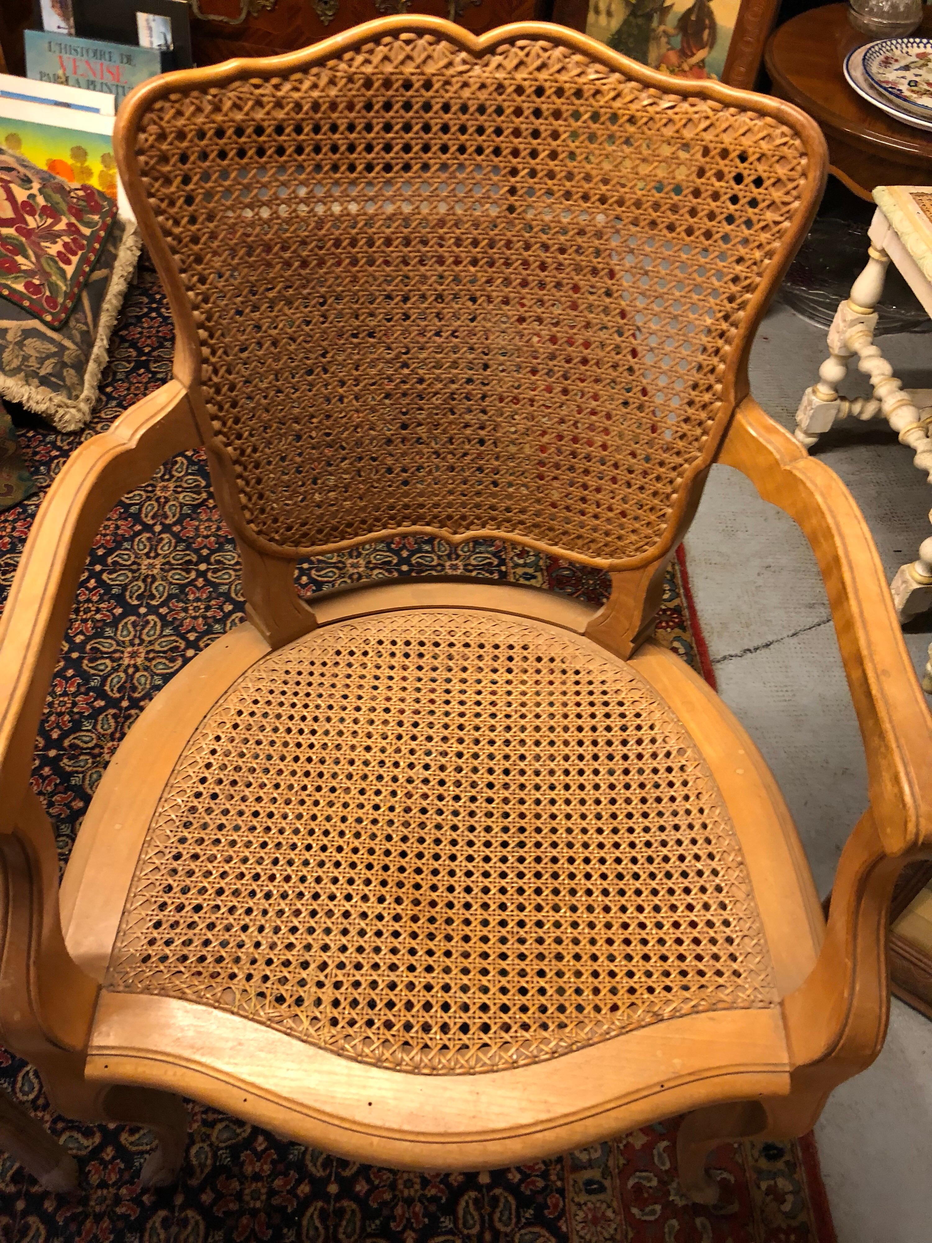 Mid-Century Modern Pair of French Cane Armchairs