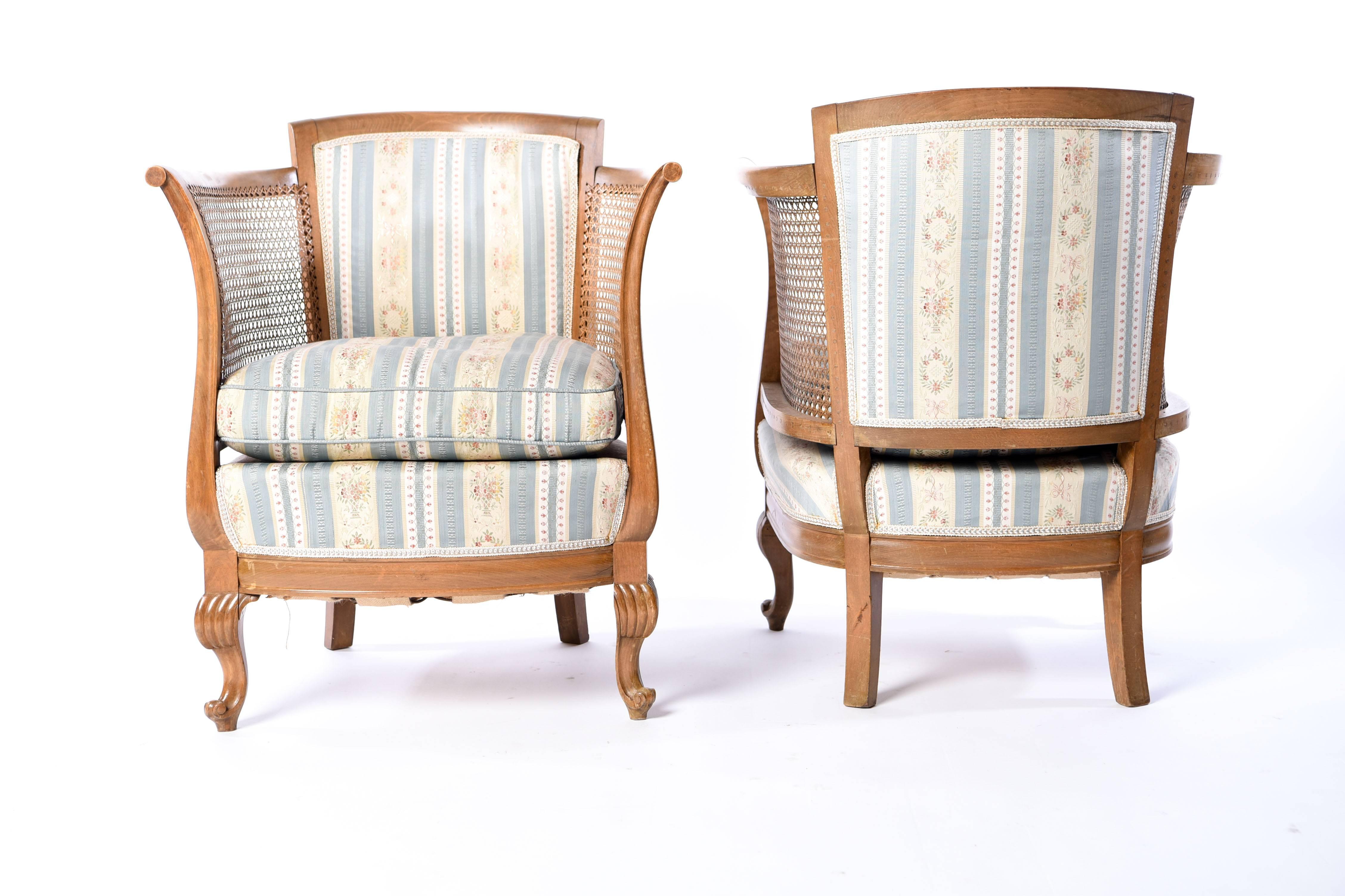 20th Century Pair of French Caned Bergere Chairs