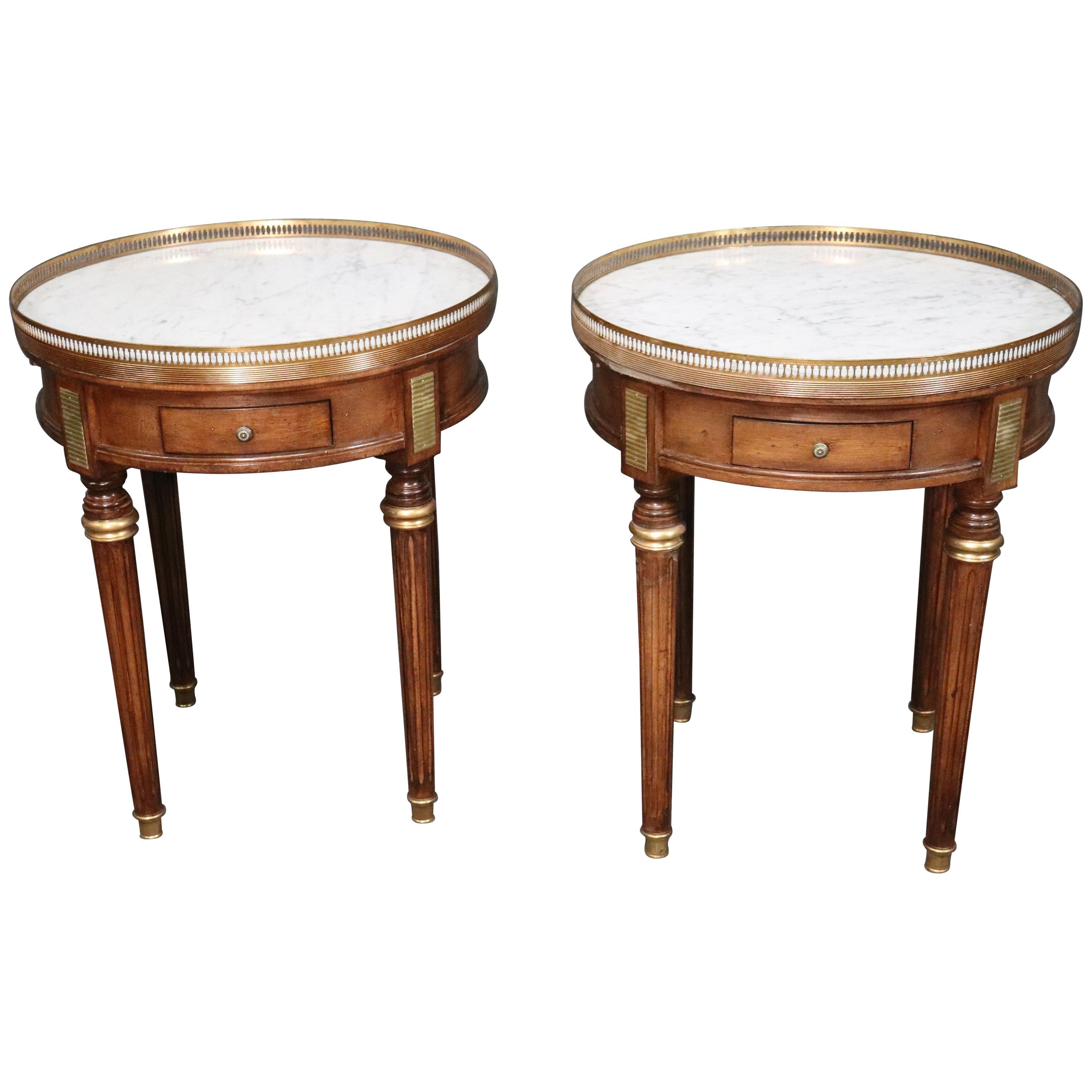 Pair of French Carrara Marble and Walnut Louis XVI Style Bouillotte End Tables