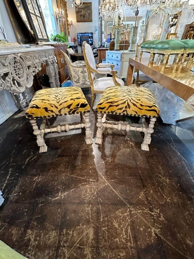 Pair of French carved and bleached walnut stool with Scalamandre tiger velvet. circa 1890. Perfect for today's transitional designs!