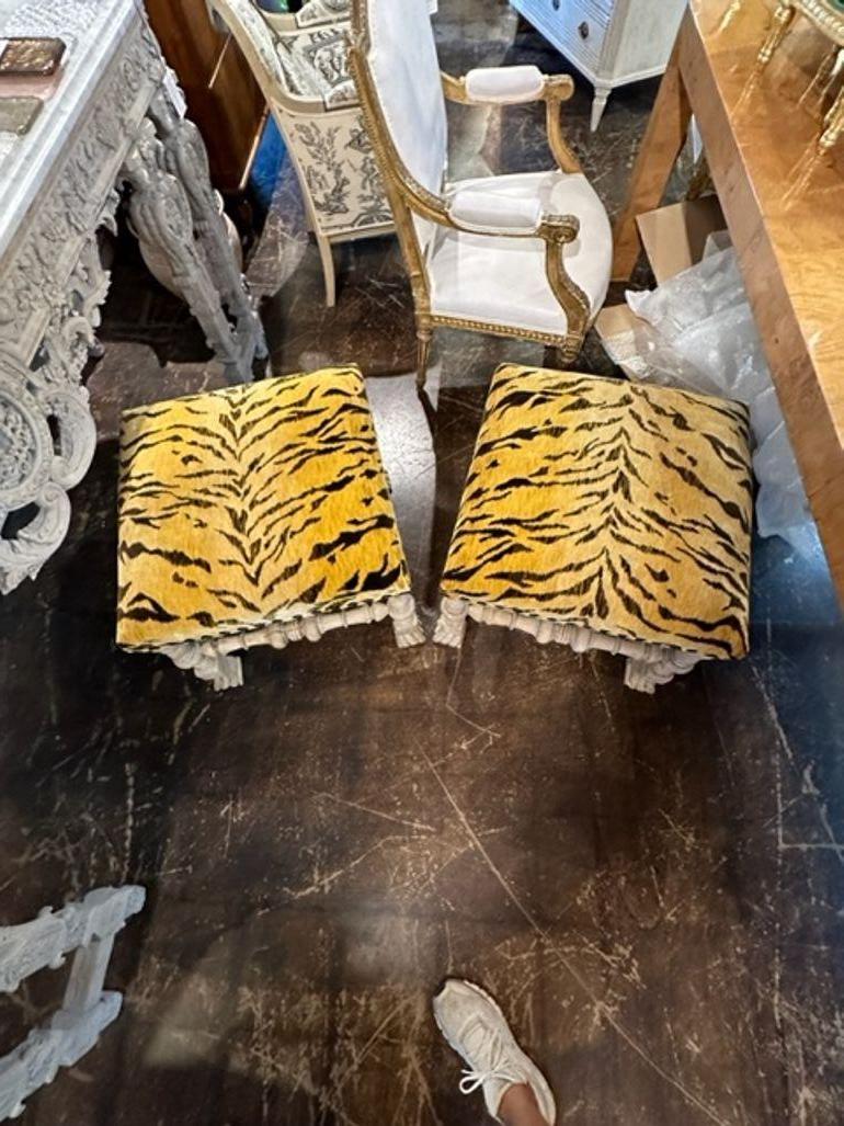 Fabric Pair of French Carved and Bleached Stool