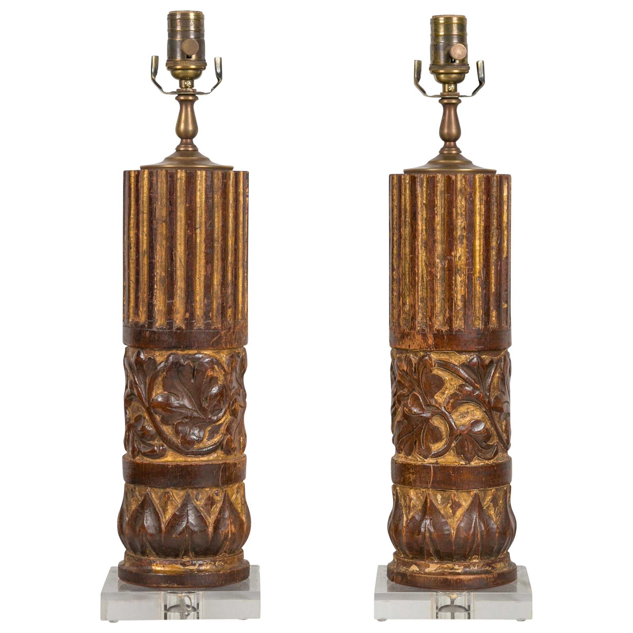 Pair of French Carved and Painted Walnut 19th Century Fragment Made into Lamps
