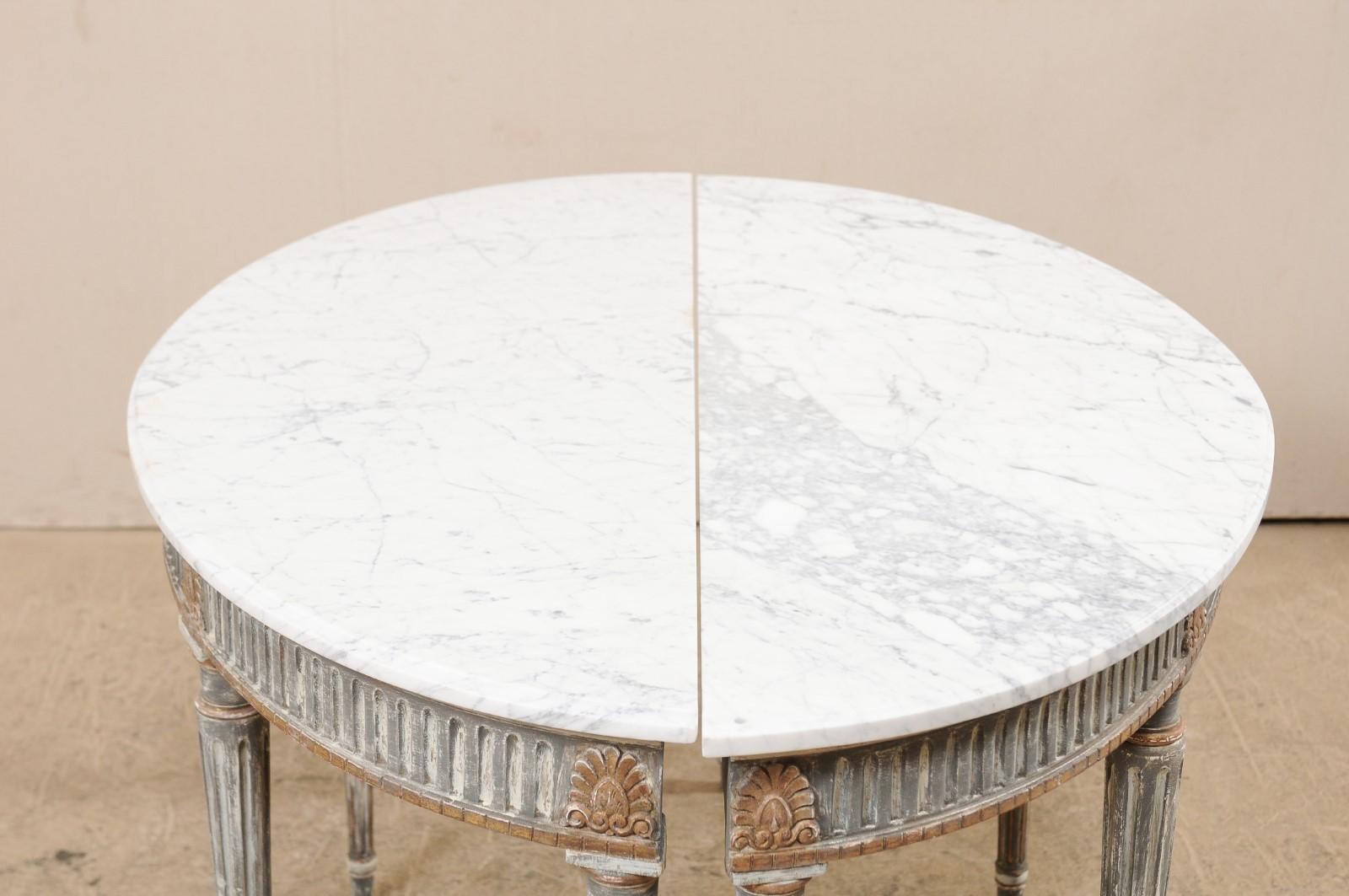 Pair of French Carved and Painted Wood Demi-Lune Tables with Marble Tops 6