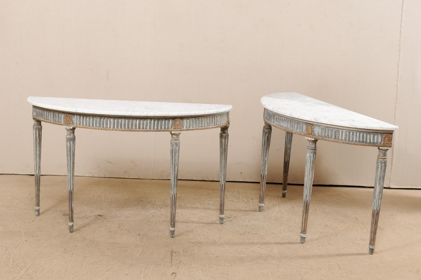 Pair of French Carved and Painted Wood Demi-Lune Tables with Marble Tops 7