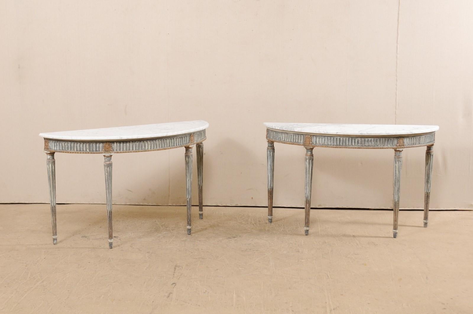 Pair of French Carved and Painted Wood Demi-Lune Tables with Marble Tops In Good Condition In Atlanta, GA