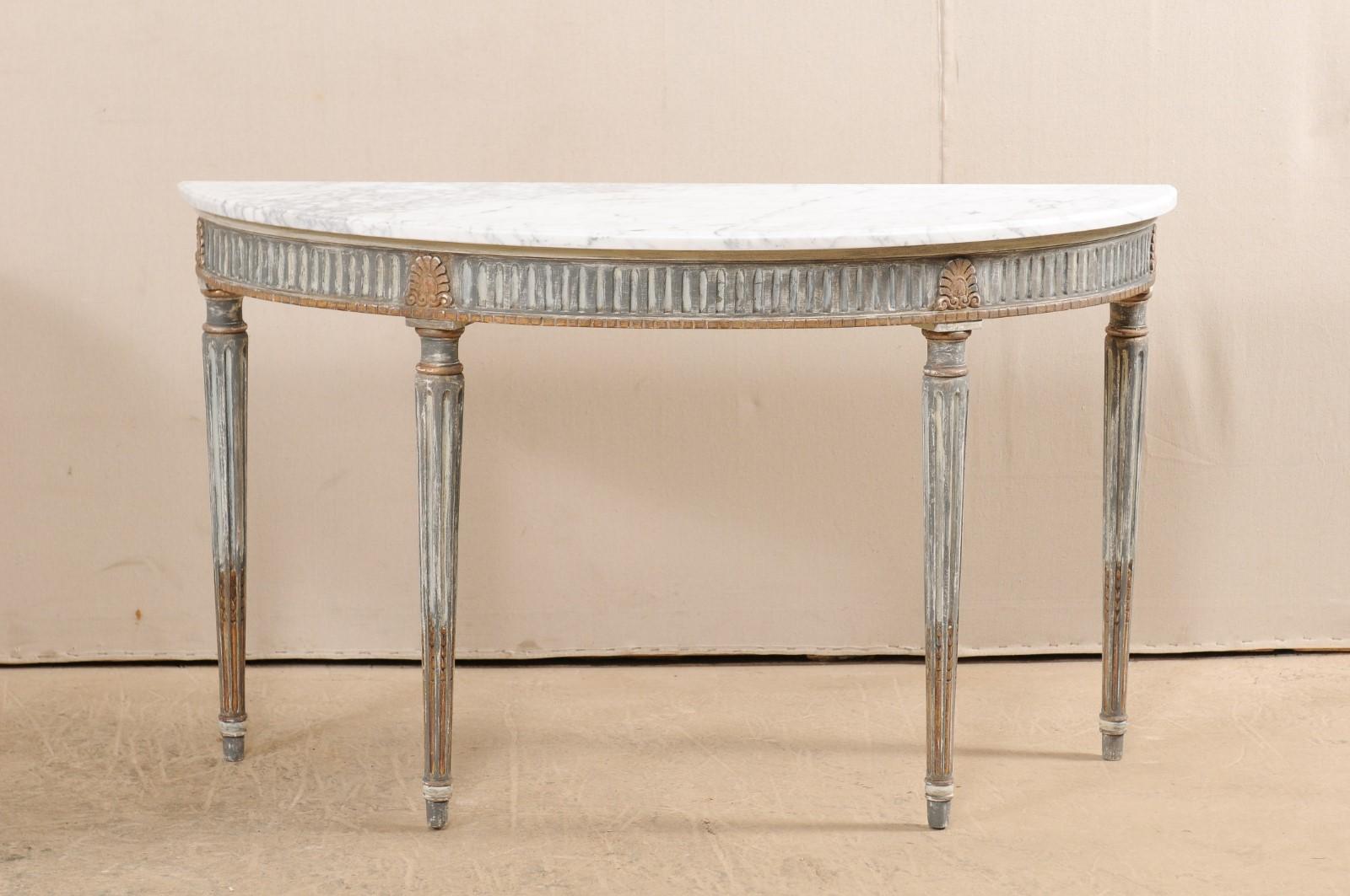 20th Century Pair of French Carved and Painted Wood Demi-Lune Tables with Marble Tops
