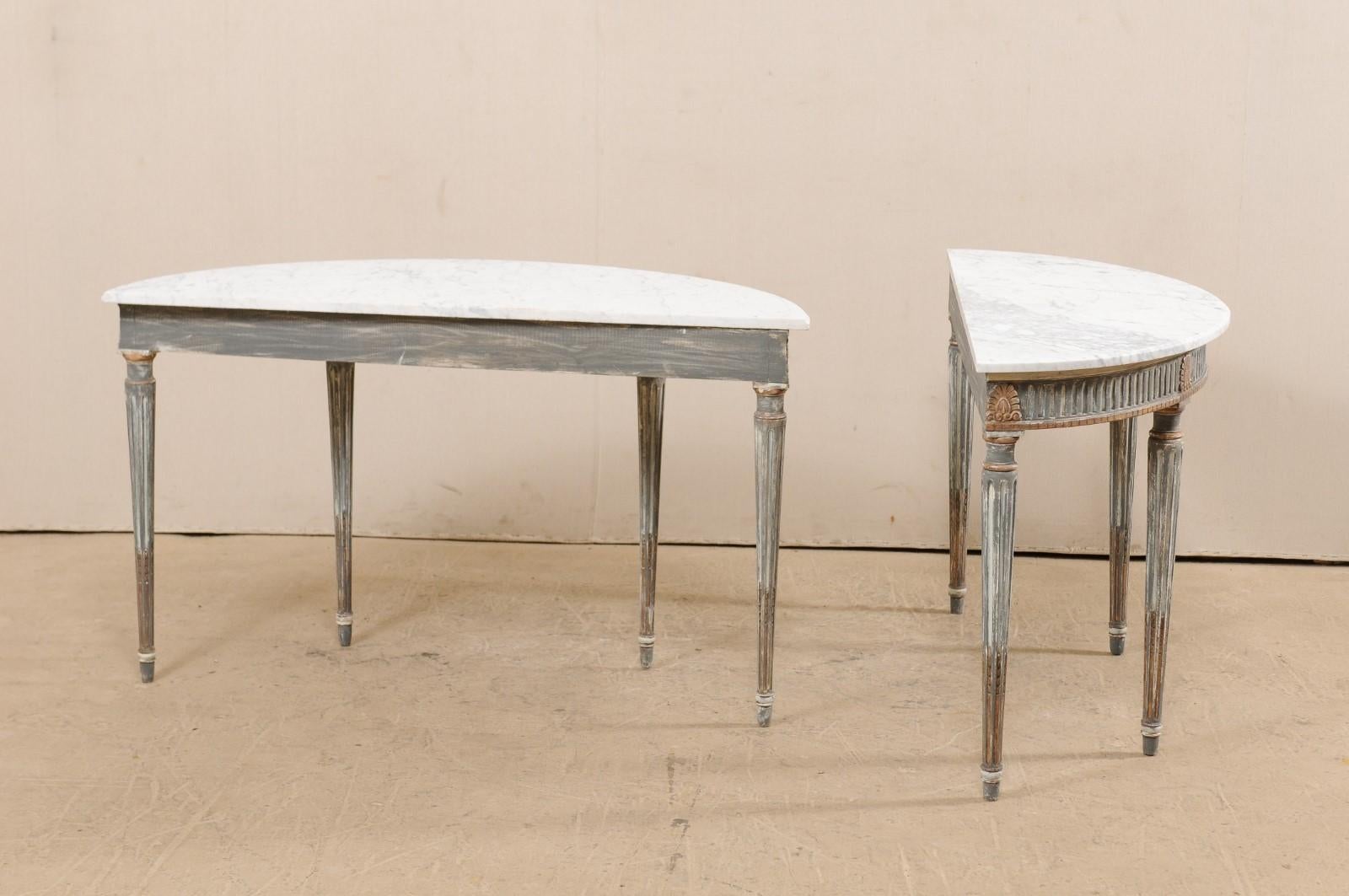 Pair of French Carved and Painted Wood Demi-Lune Tables with Marble Tops 4