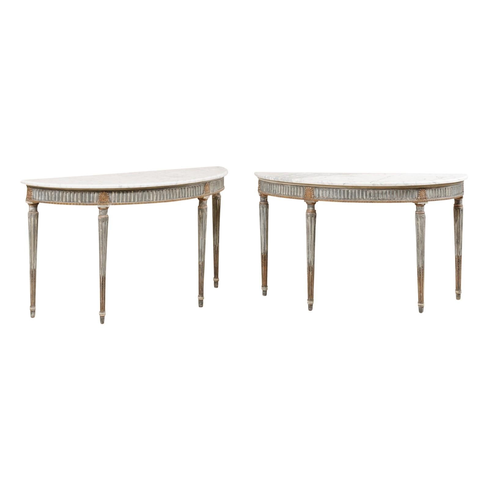 Pair of French Carved and Painted Wood Demi-Lune Tables with Marble Tops