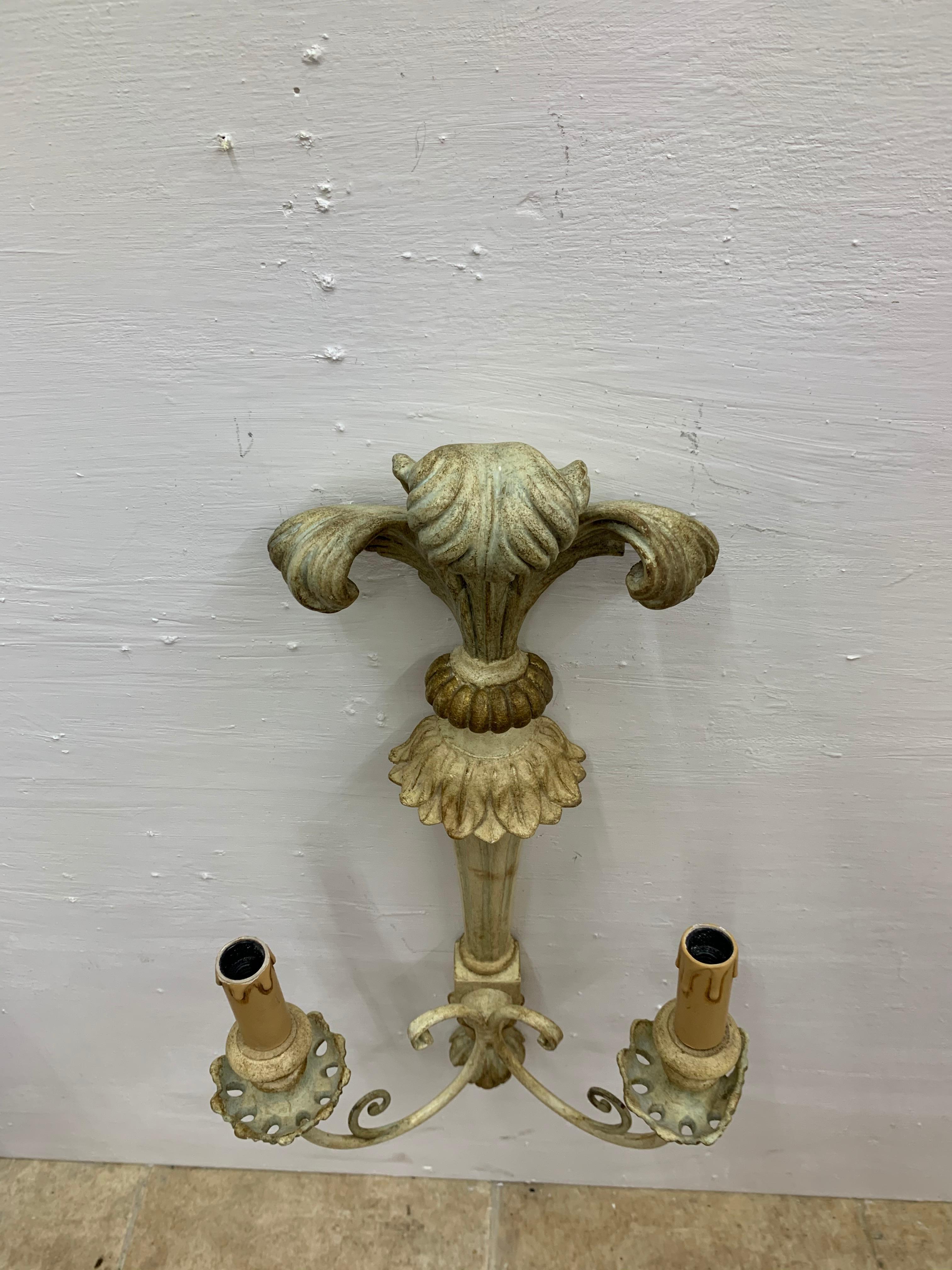 Pair of French Carved and Painted Wood Sconces in Classical Style, circa 1950 For Sale 4
