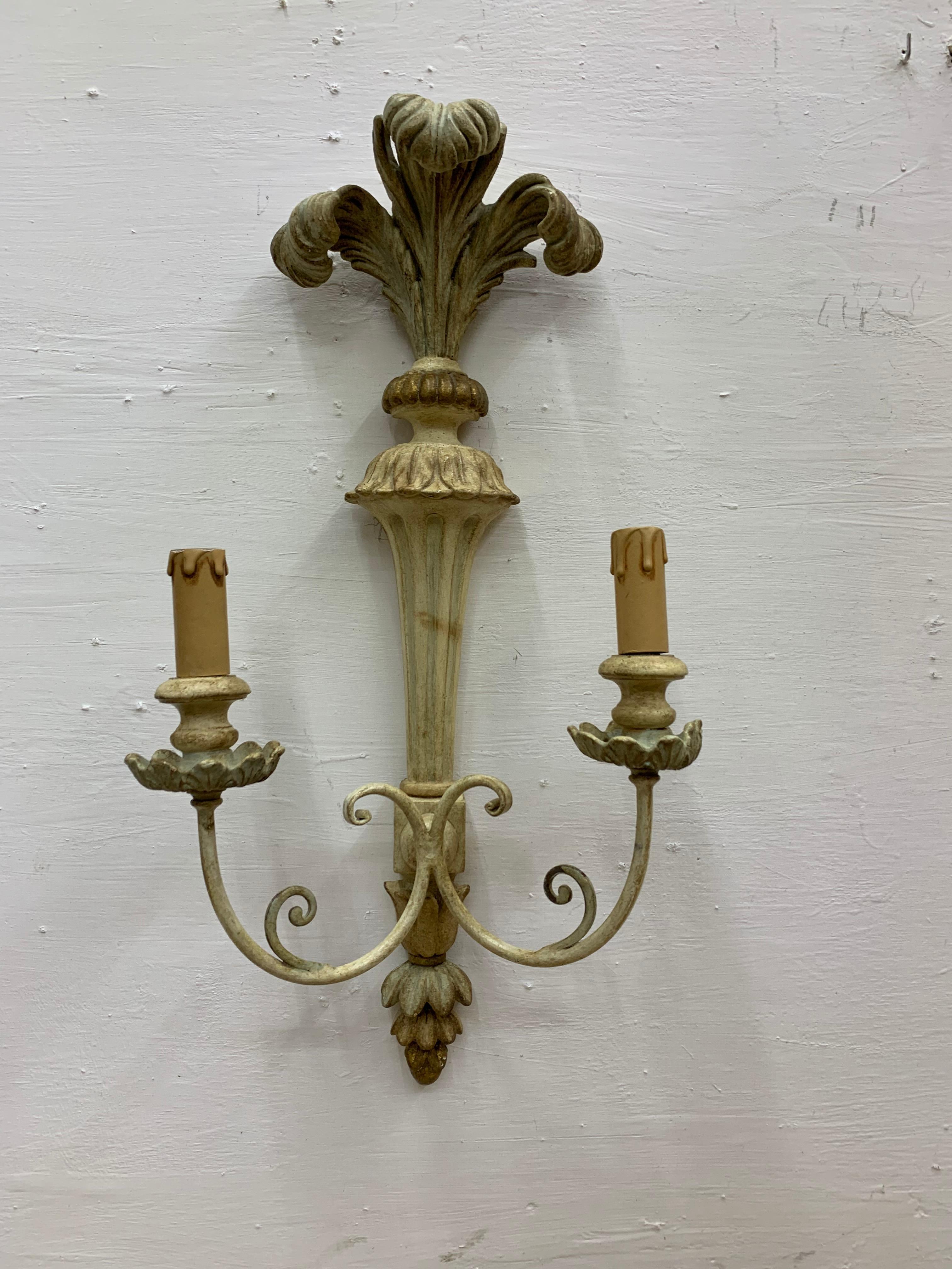 Neoclassical Pair of French Carved and Painted Wood Sconces in Classical Style, circa 1950 For Sale