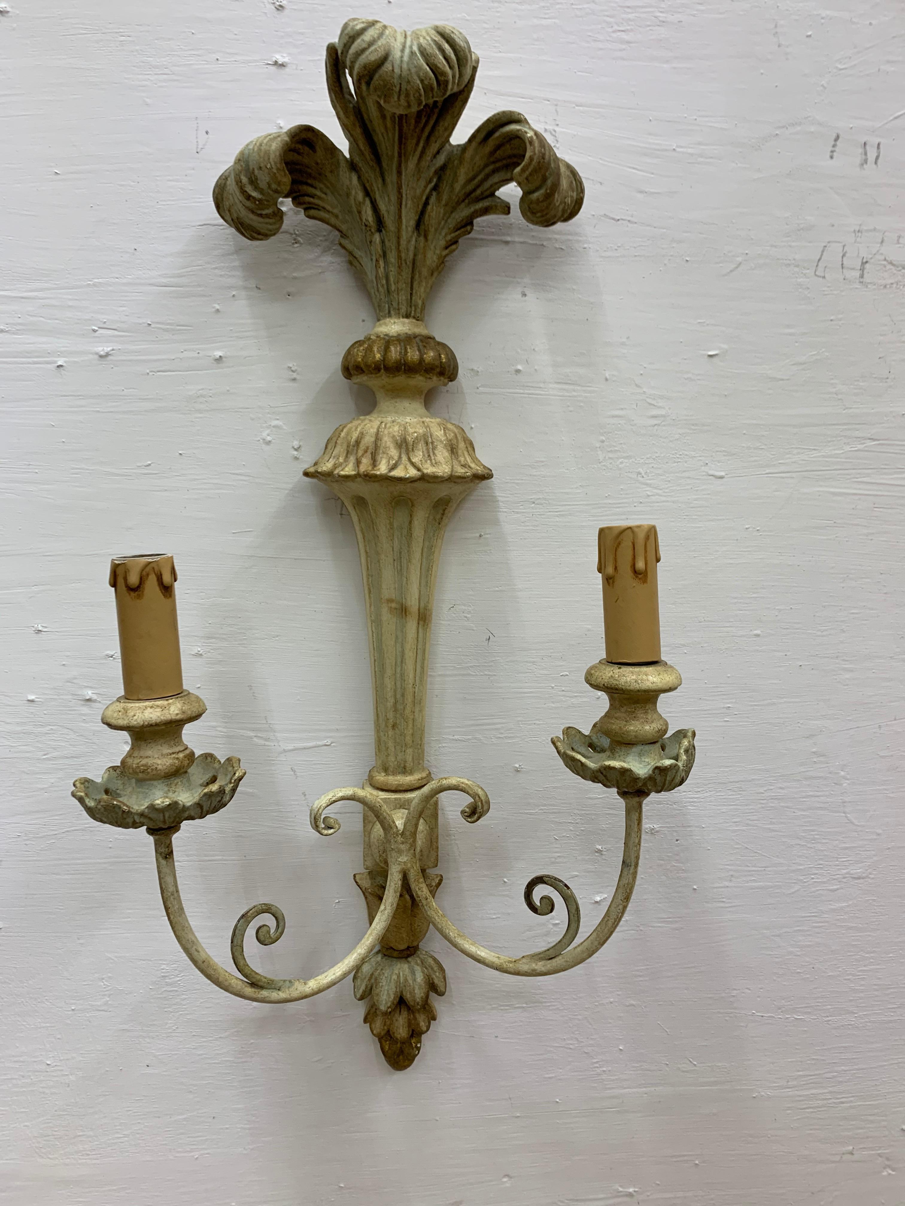 Hand-Carved Pair of French Carved and Painted Wood Sconces in Classical Style, circa 1950 For Sale