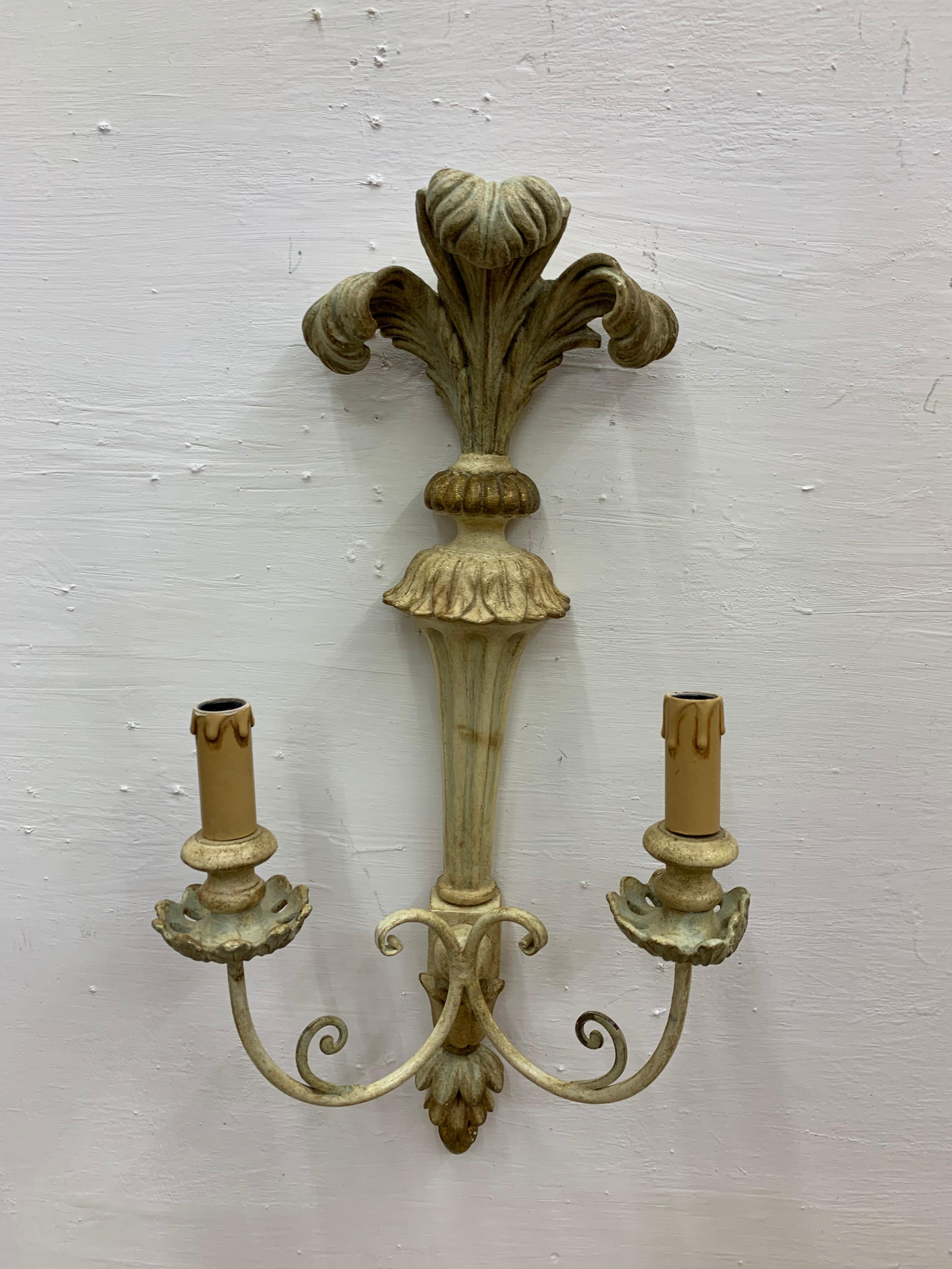 Pair of French Carved and Painted Wood Sconces in Classical Style, circa 1950 For Sale 2