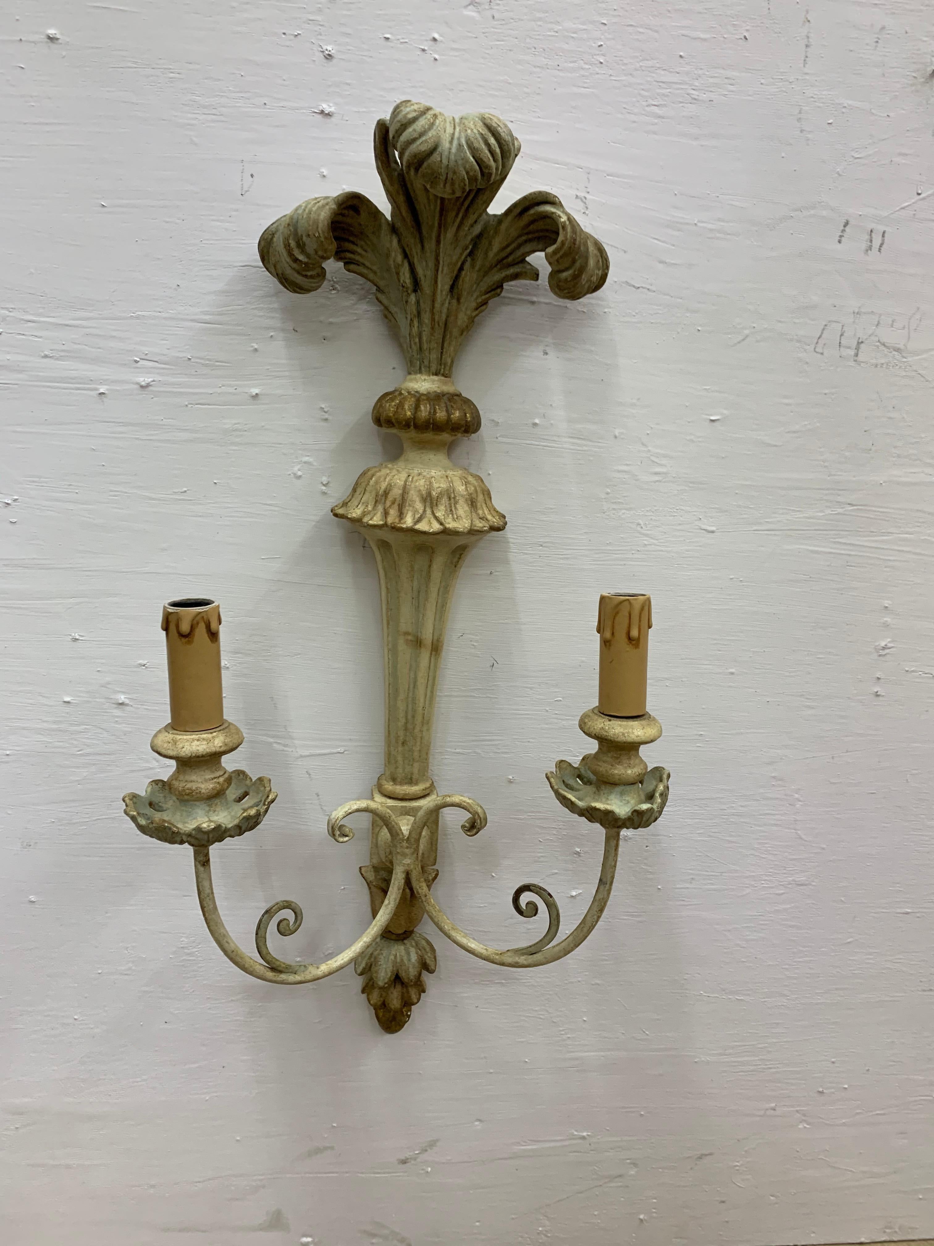 Pair of French Carved and Painted Wood Sconces in Classical Style, circa 1950 For Sale 3