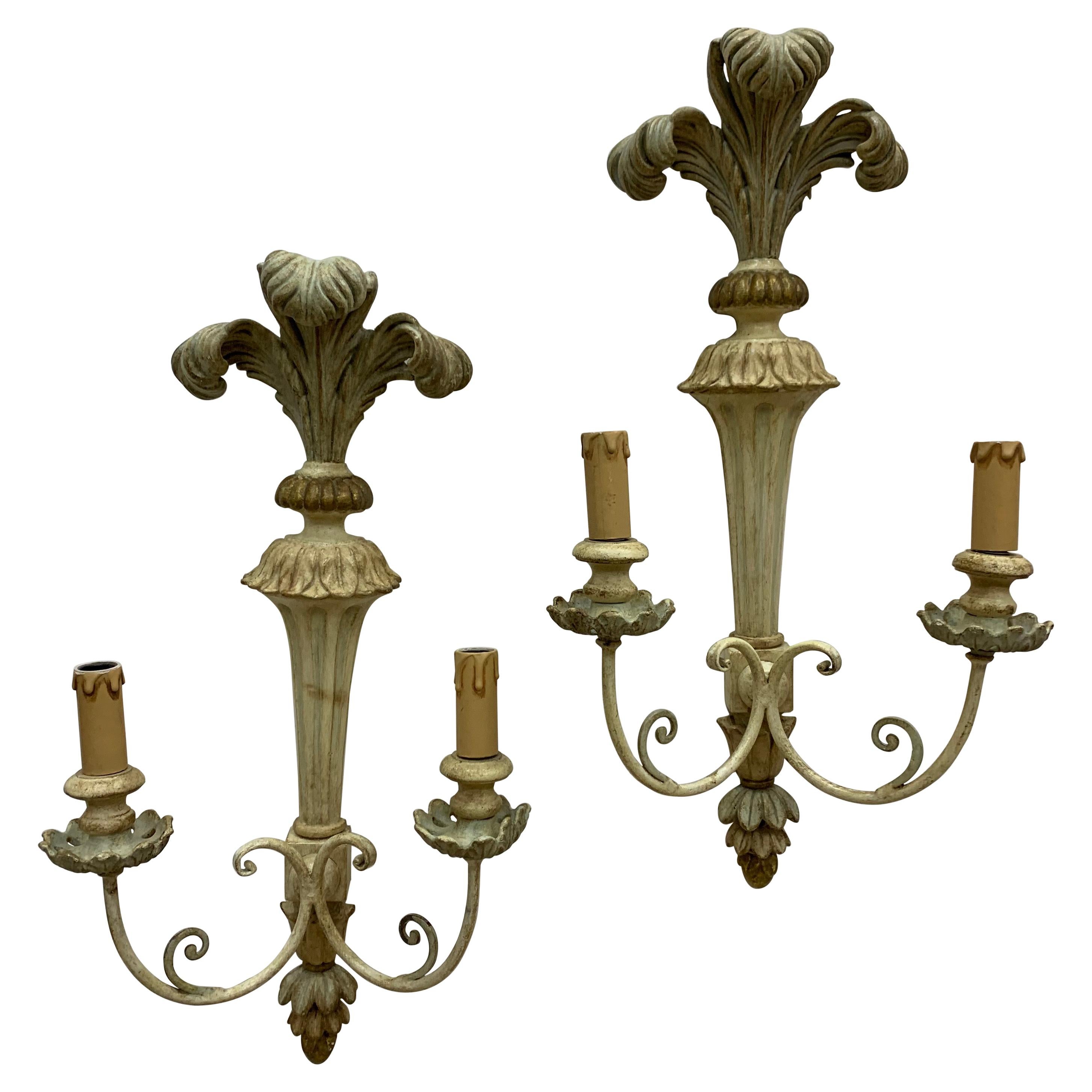 Pair of French Carved and Painted Wood Sconces in Classical Style, circa 1950 For Sale