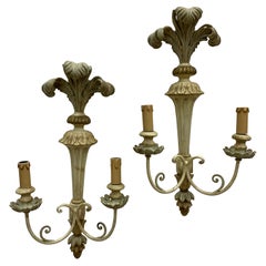 Vintage Pair of French Carved and Painted Wood Sconces in Classical Style, circa 1950