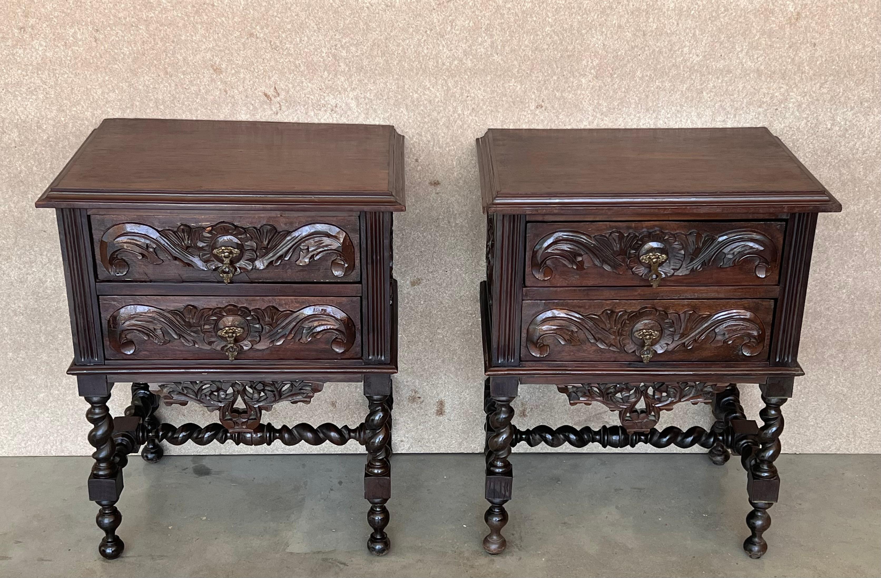French Provincial Pair of French Carved Chestnut Bedside Nightstands with Two Drawer