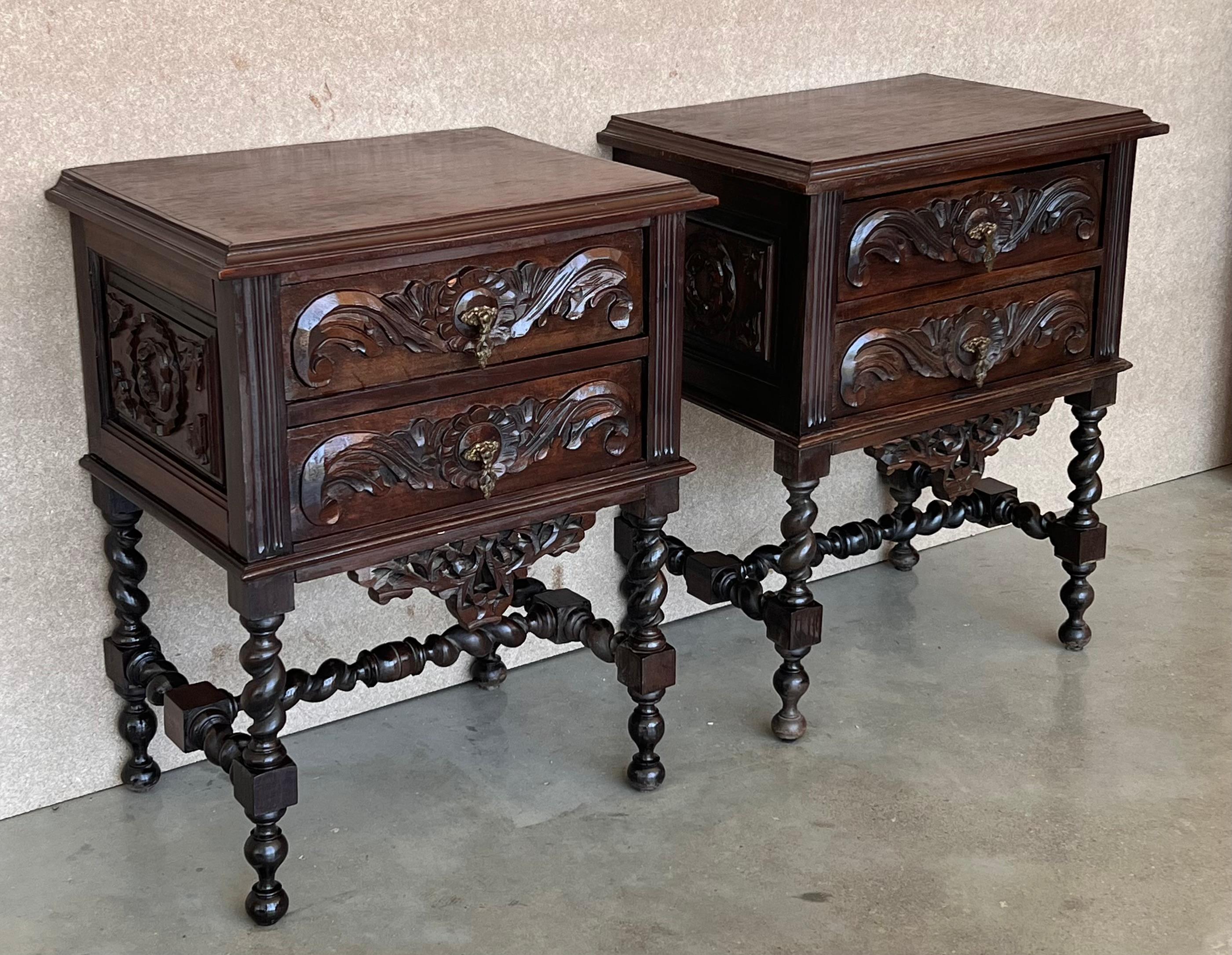 Pair of French Carved Chestnut Bedside Nightstands with Two Drawer In Good Condition In Miami, FL