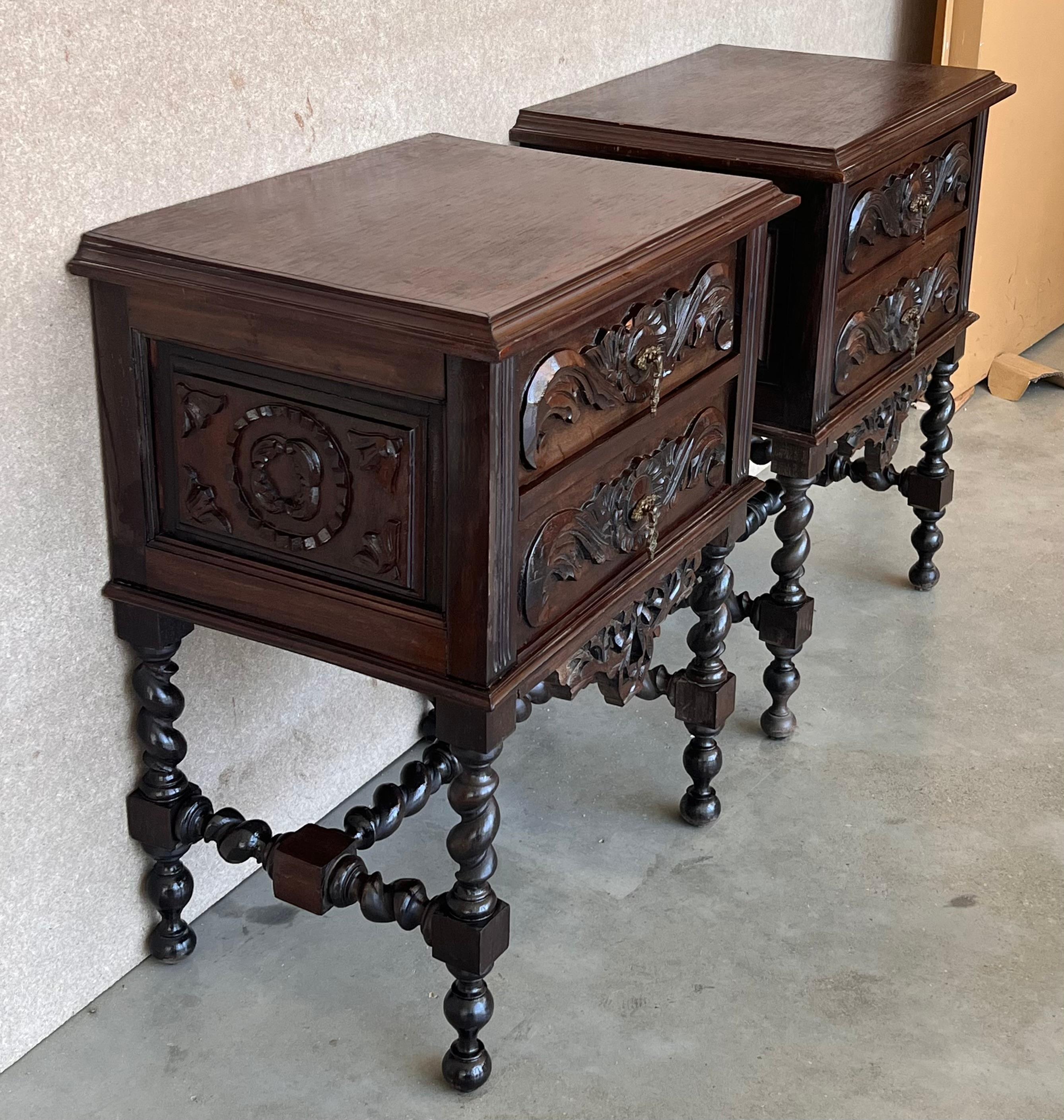 19th Century Pair of French Carved Chestnut Bedside Nightstands with Two Drawer