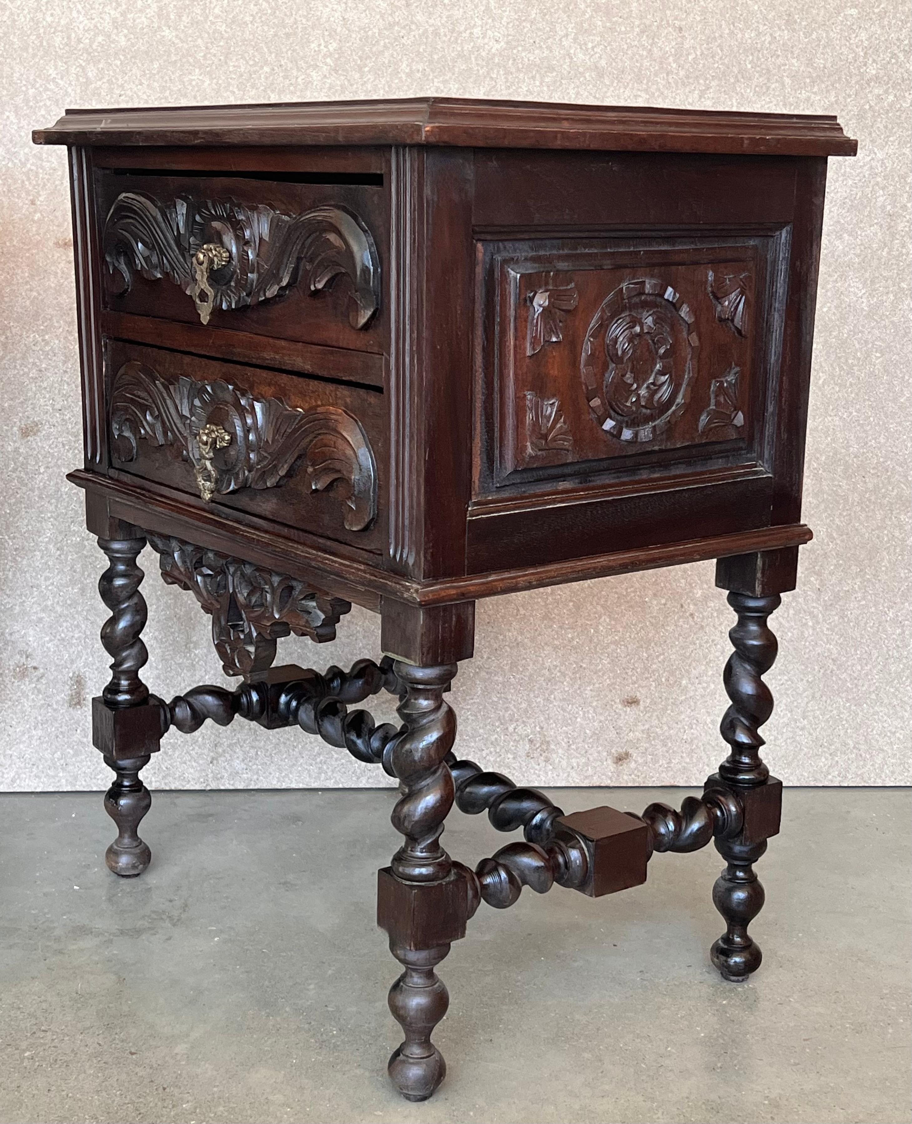 Pair of French Carved Chestnut Bedside Nightstands with Two Drawer 1