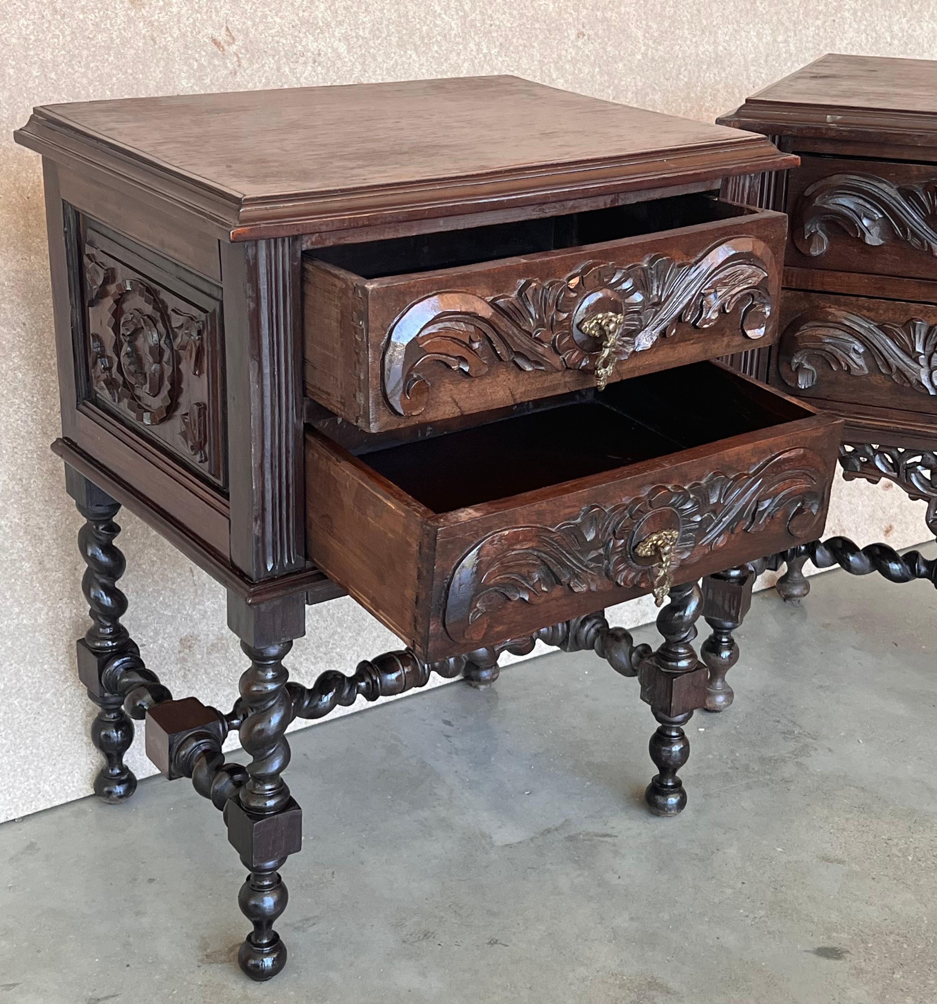 Pair of French Carved Chestnut Bedside Nightstands with Two Drawer 2