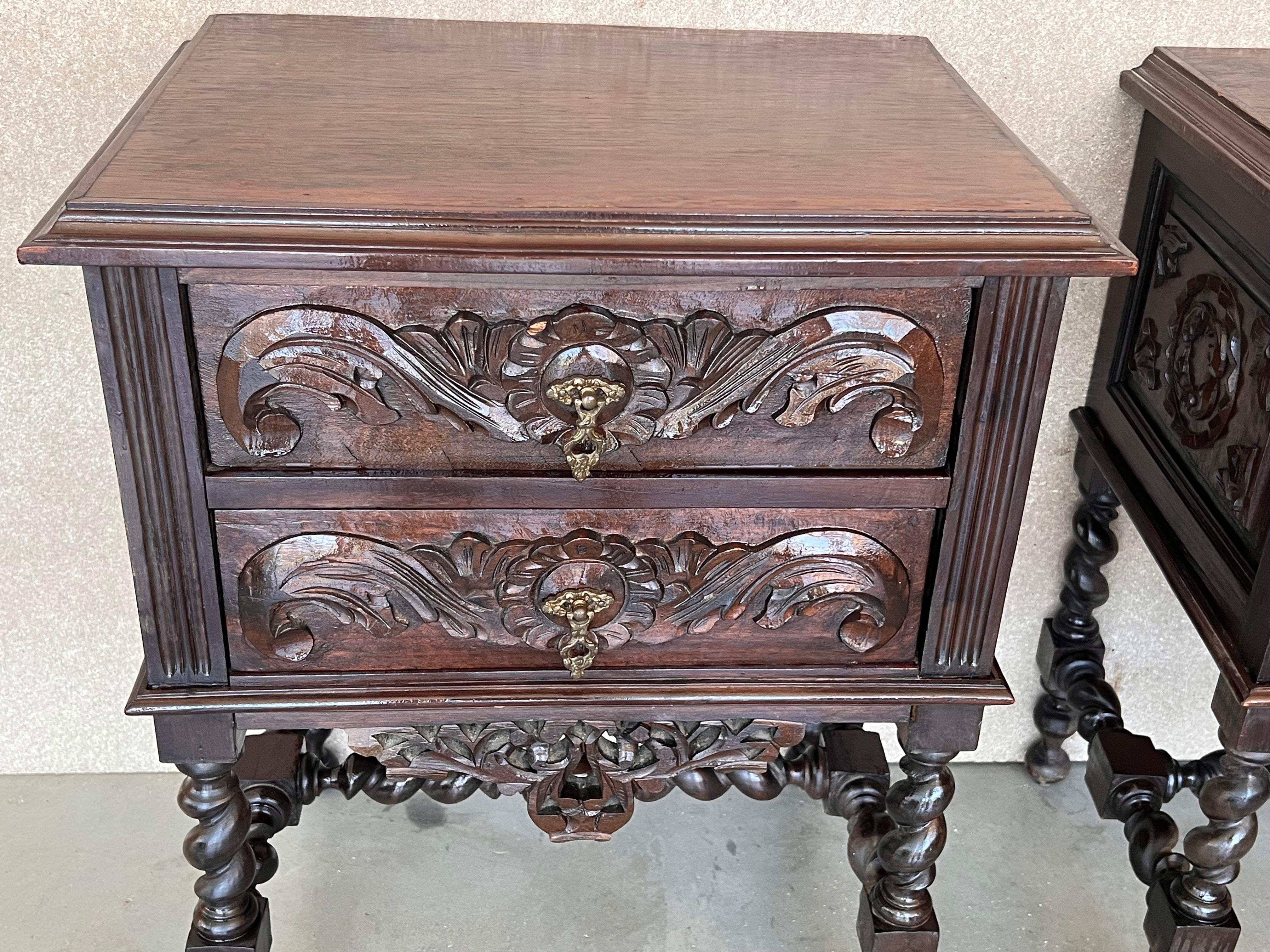 Pair of French Carved Chestnut Bedside Nightstands with Two Drawer 3