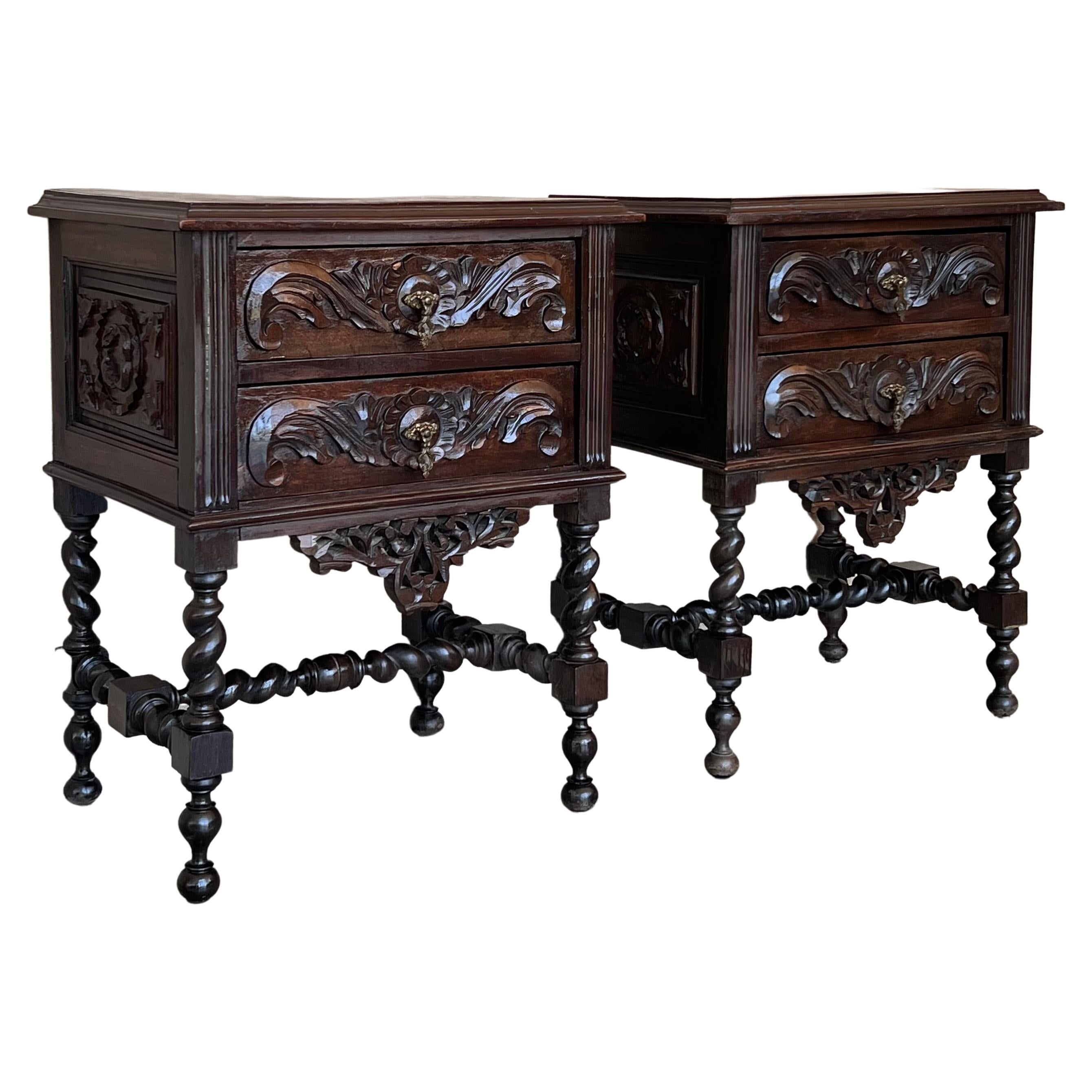 Pair of French Carved Chestnut Bedside Nightstands with Two Drawer