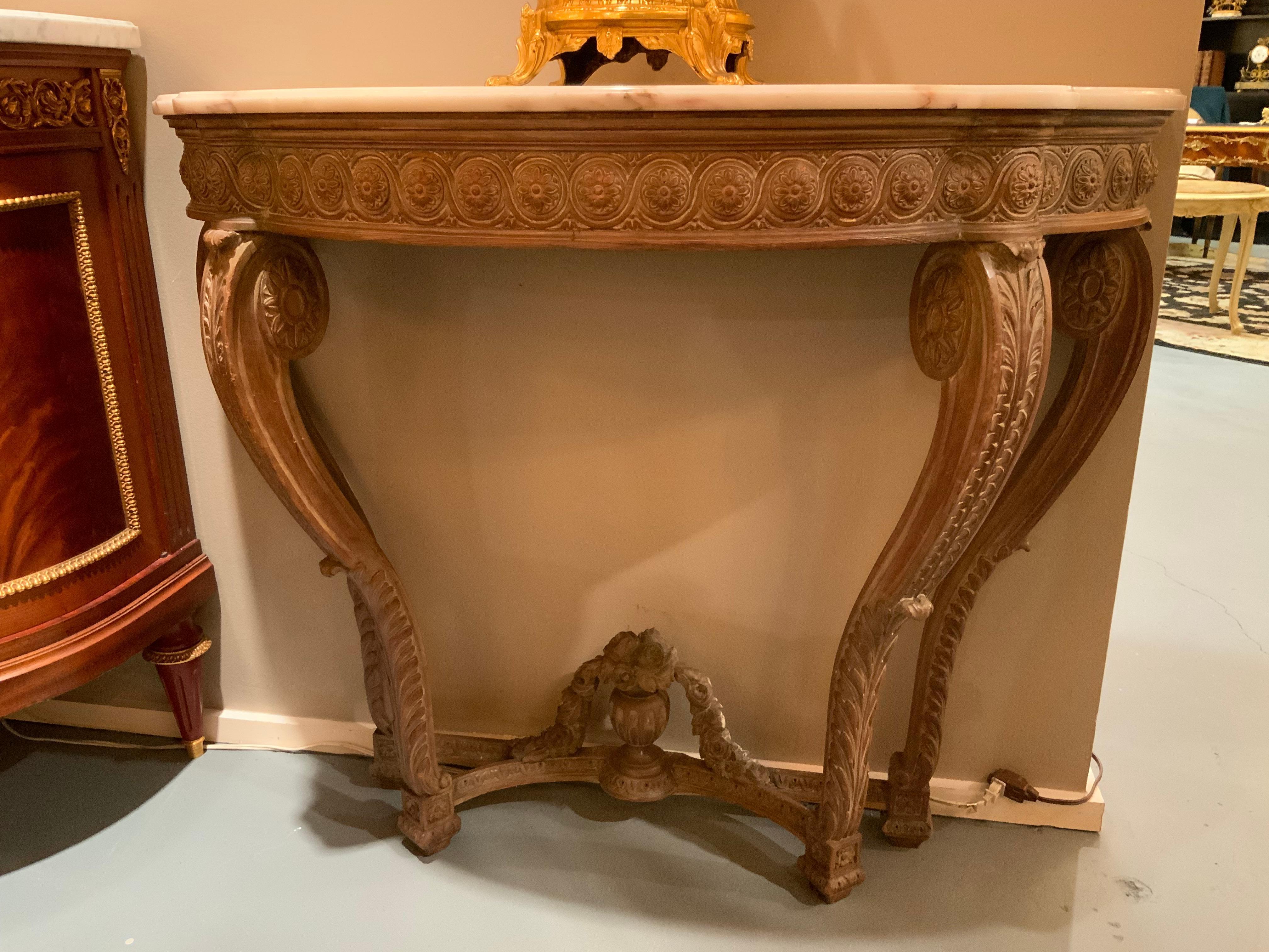 Pair of French carved Demi lune shaped console tables with white marble tops For Sale 1