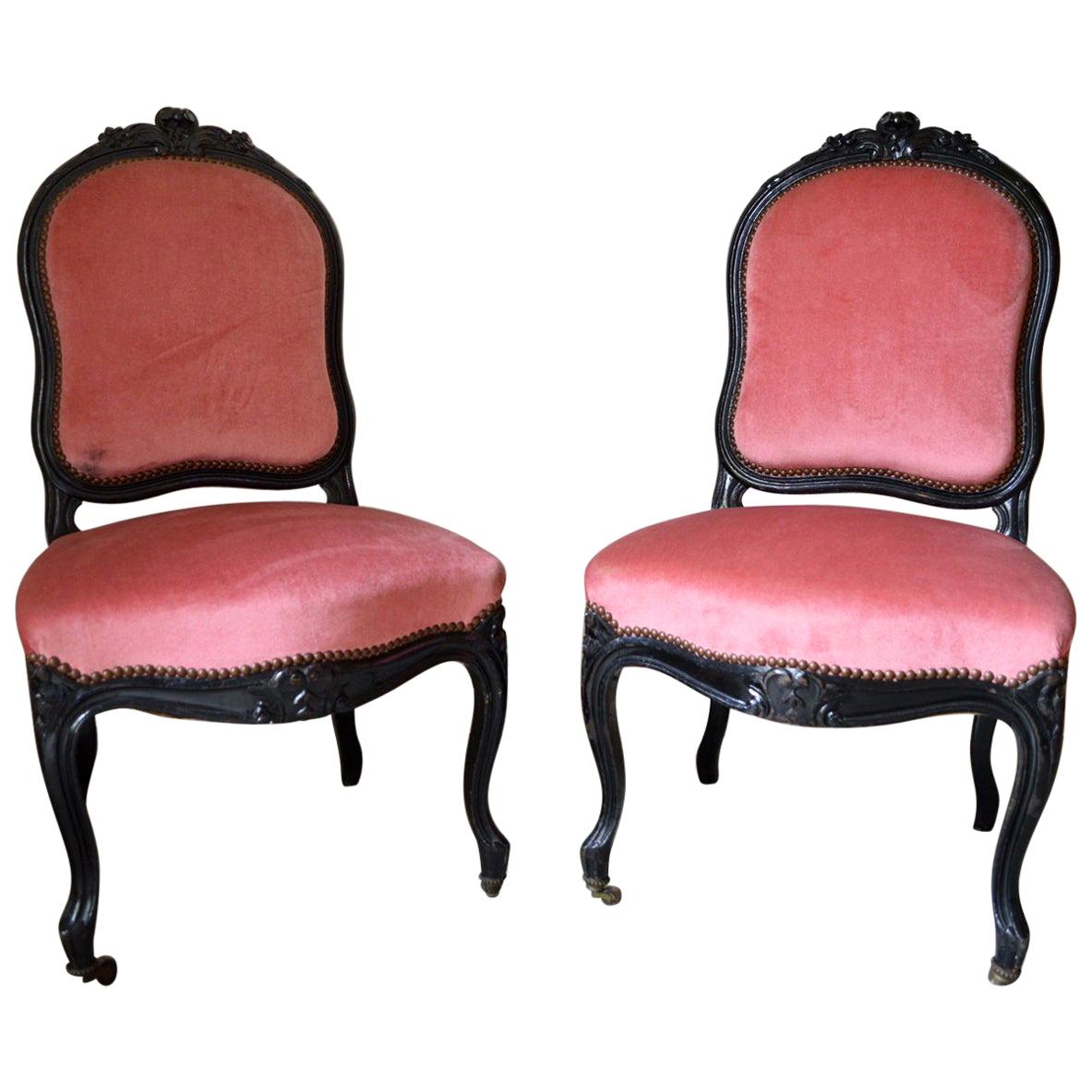 Pair of French Carved Ebonized Napoléon III Chairs, 1880s For Sale