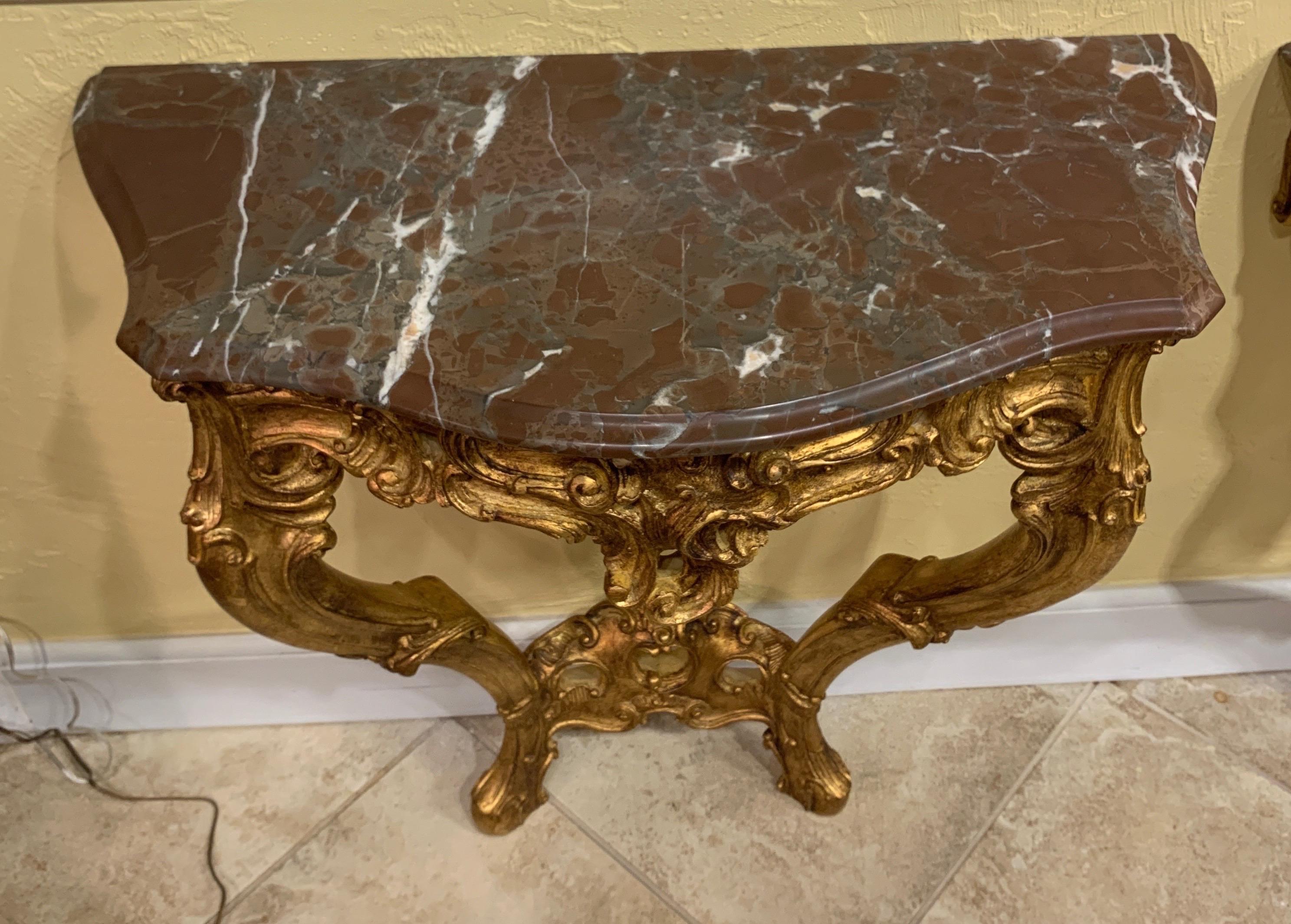 Pair of French Carved and Gilt Rococo Style Marble Top Consoles 2