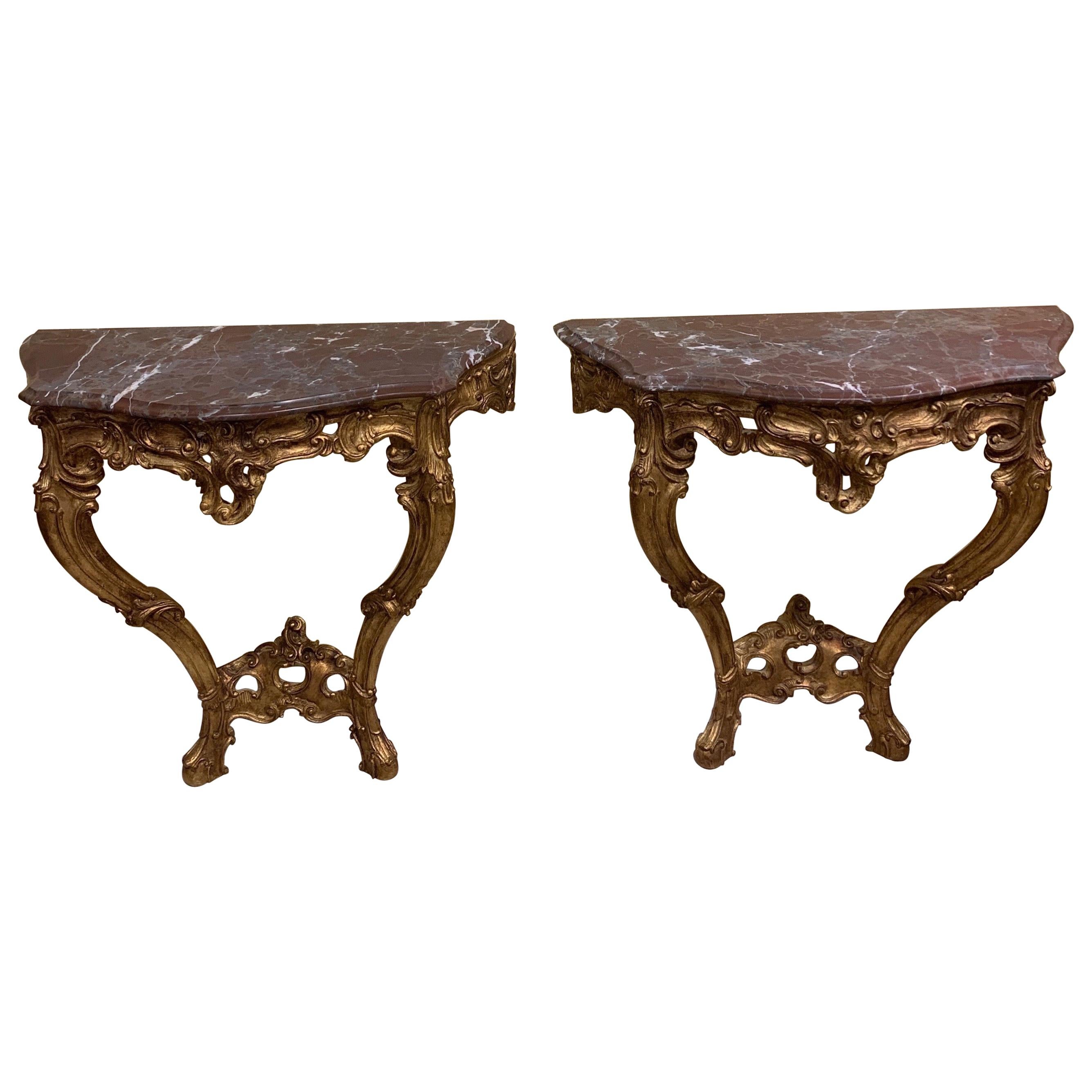 Pair of French Carved and Gilt Rococo Style Marble Top Consoles