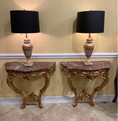 Pair of French Carved and Gilt Rococo Style Marble Top Consoles