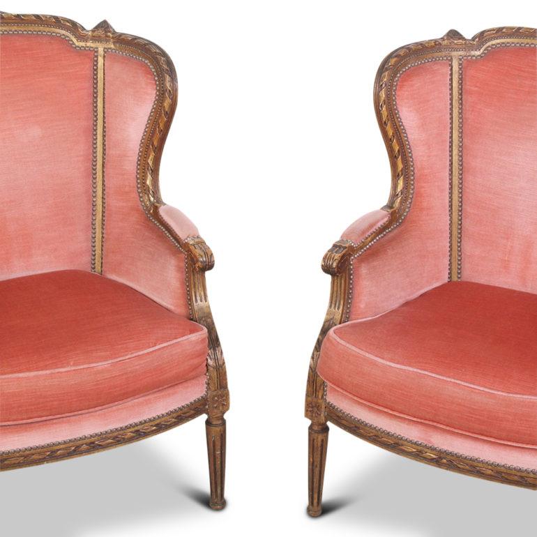 Pair of French carved gilt wingback chairs. Mohair covering, mid-20th century.





 