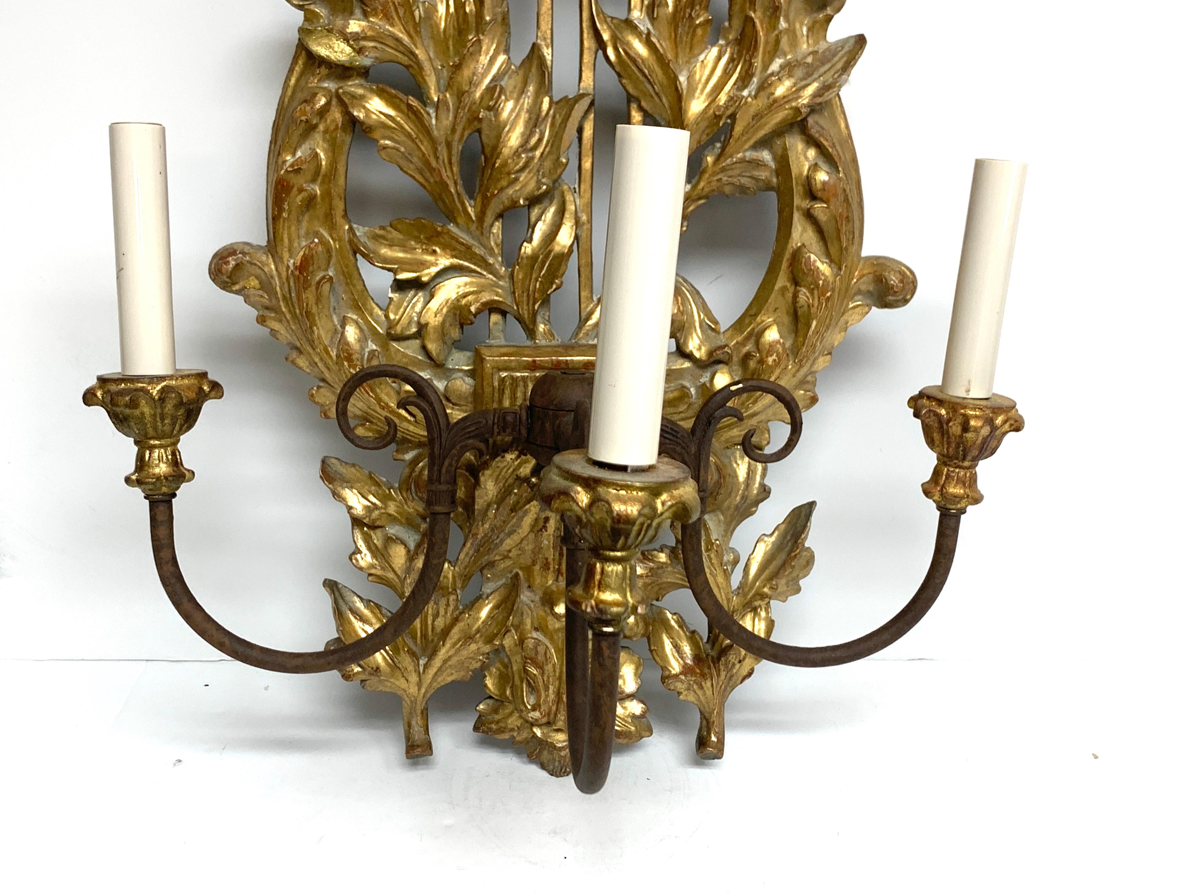 Bronze Pair of French Carved Giltwood Lyre Motif Three Light Wall Sconces 