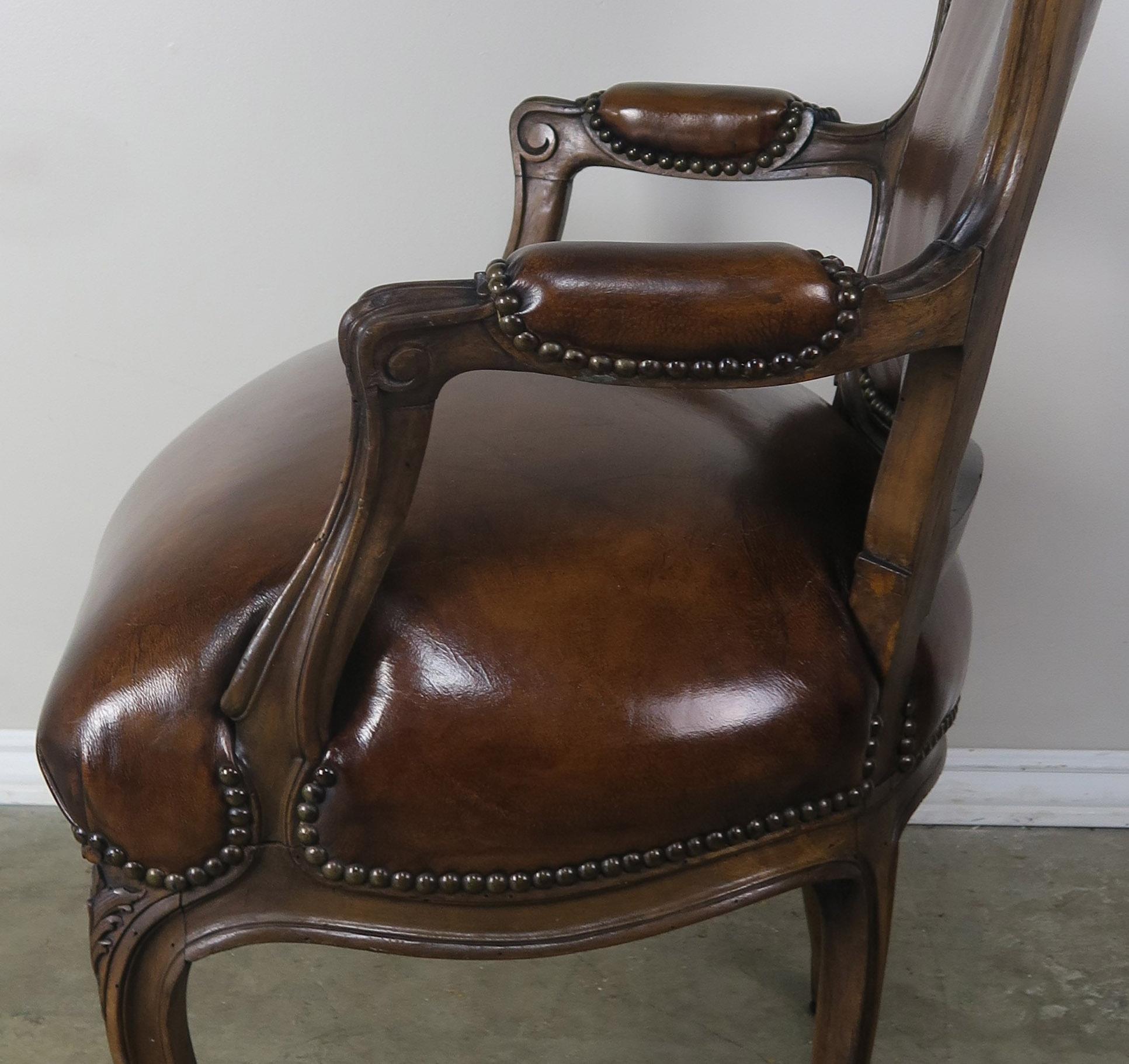 Pair of French Carved Leather Upholstered Armchairs 6