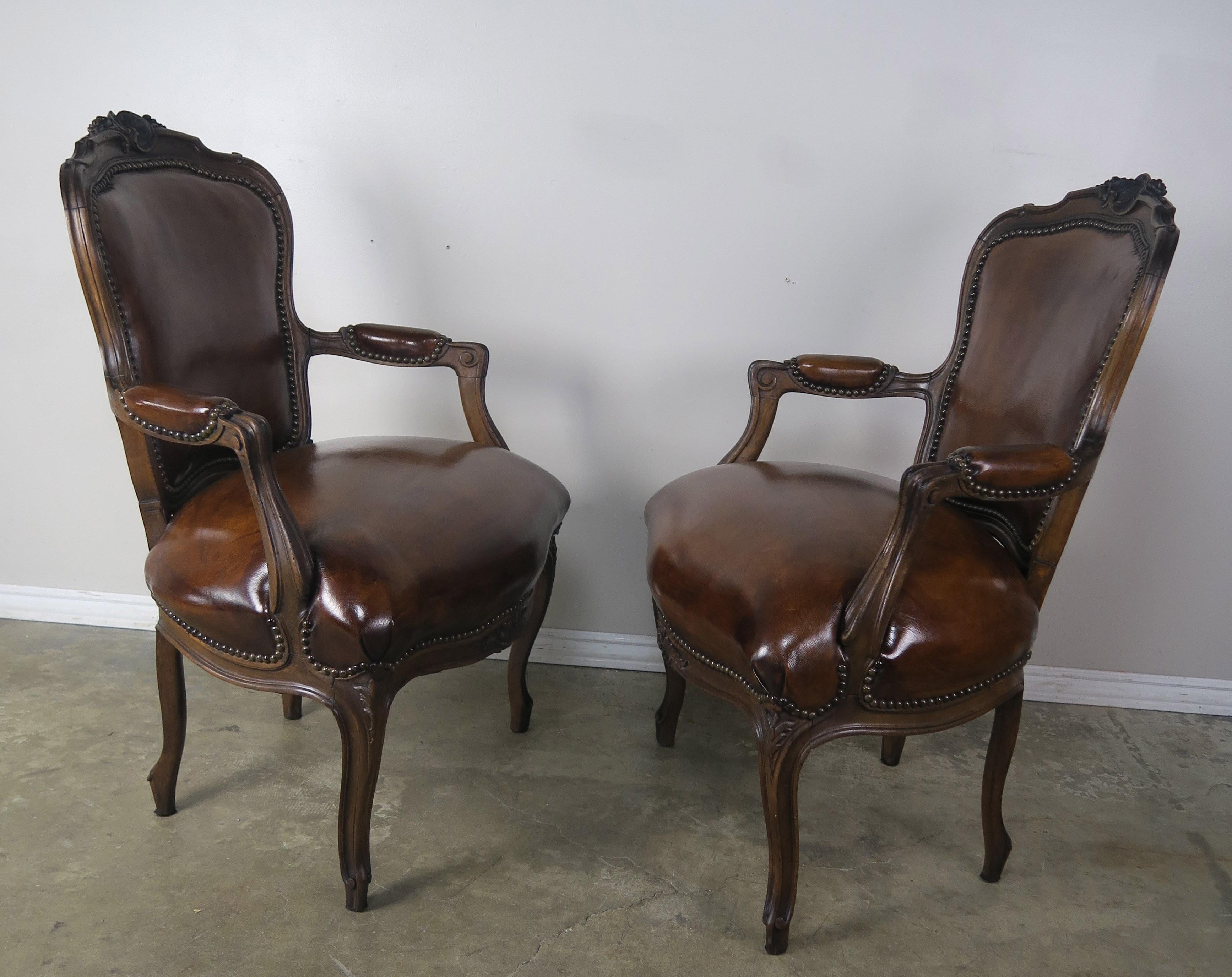 Pair of French Carved Leather Upholstered Armchairs 8