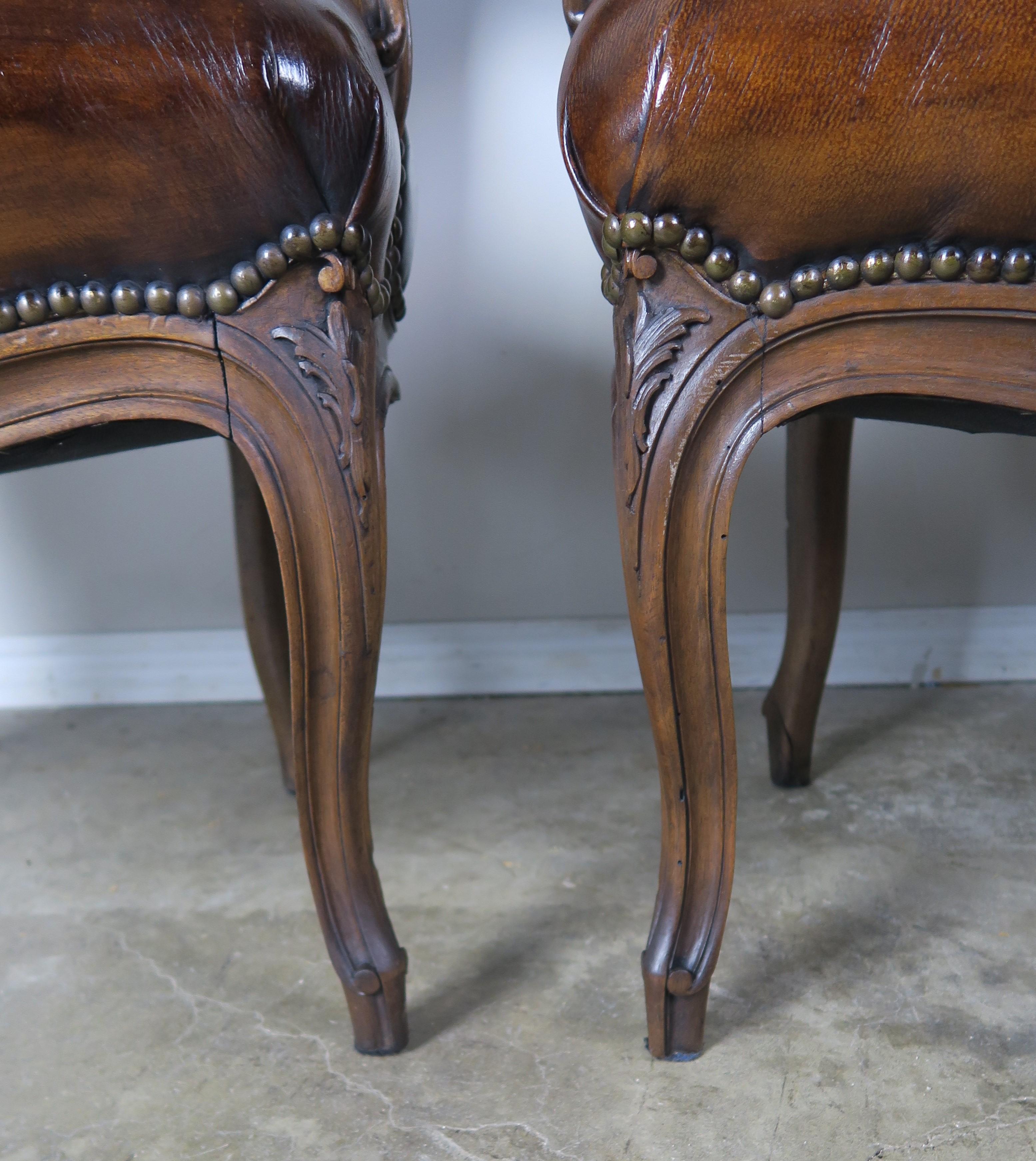 Louis XV Pair of French Carved Leather Upholstered Armchairs