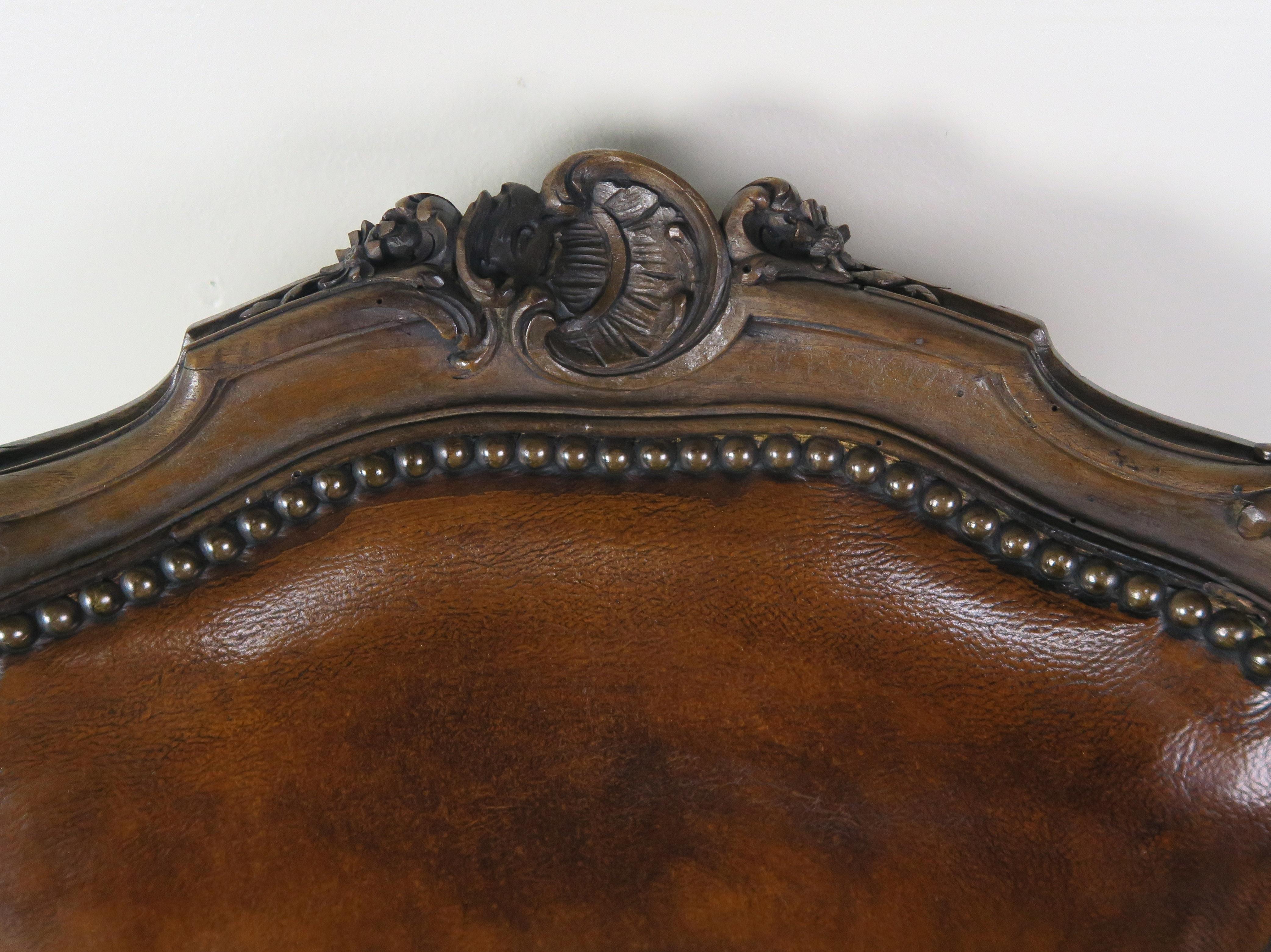 Mid-20th Century Pair of French Carved Leather Upholstered Armchairs