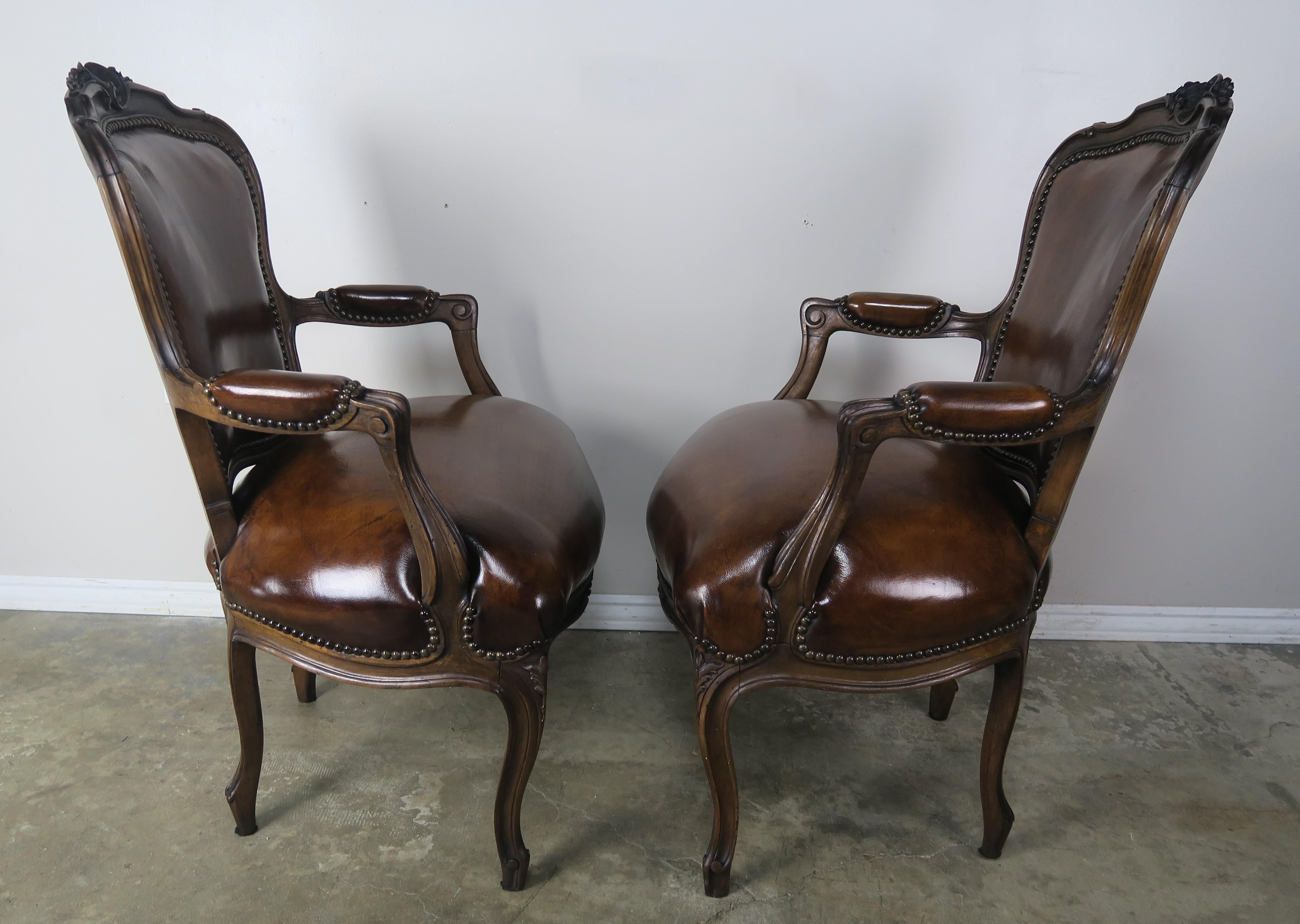 Pair of French Carved Leather Upholstered Armchairs 4