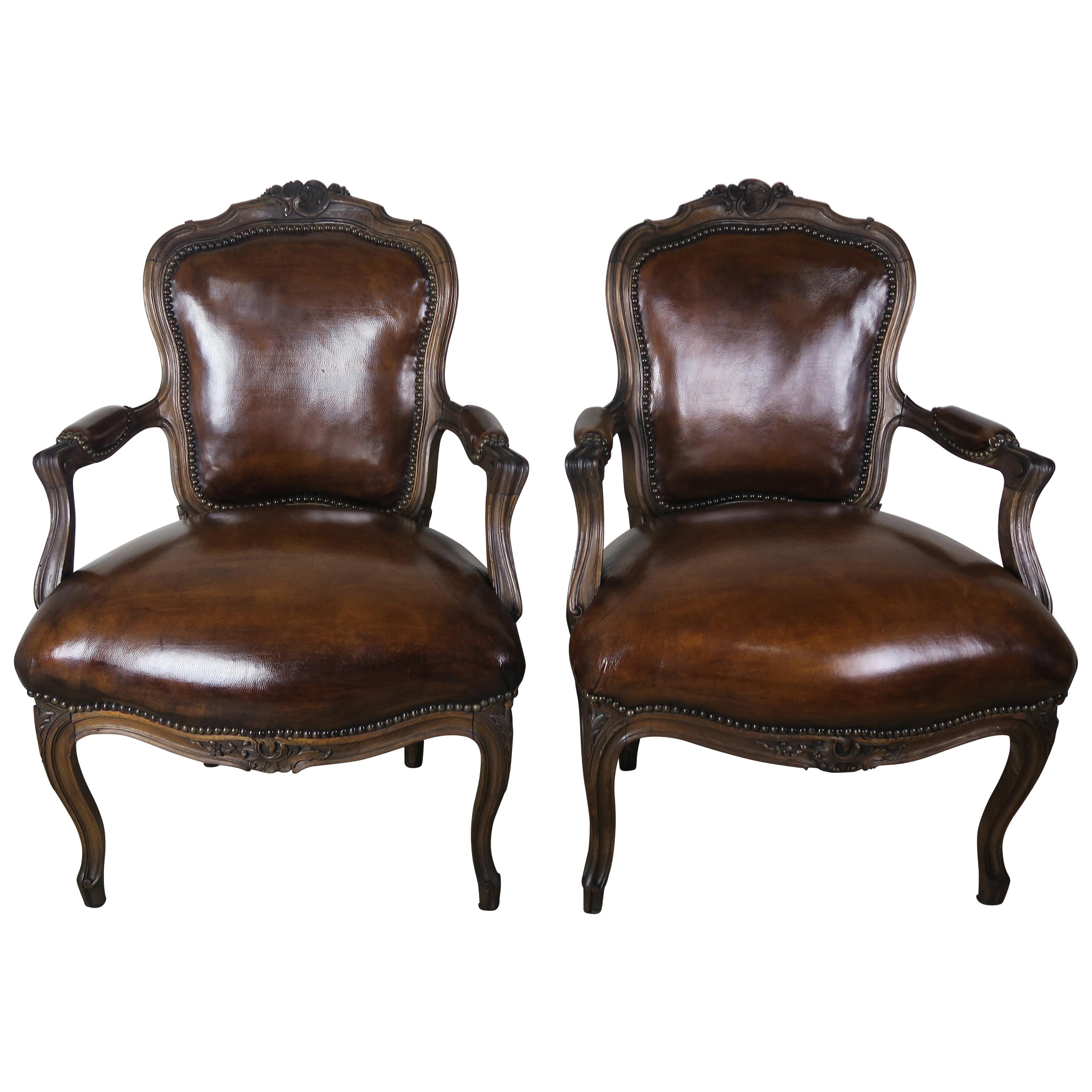 Pair of French Carved Leather Upholstered Armchairs