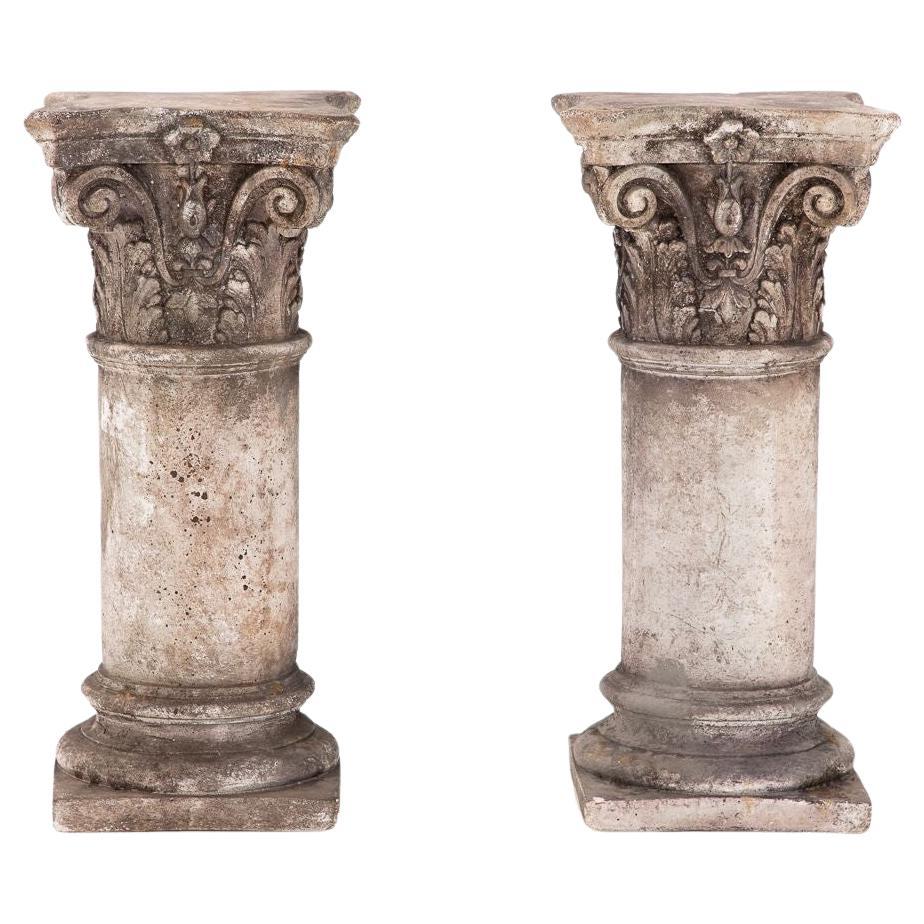 Pair of French Carved Limestone Columns, 20th Century