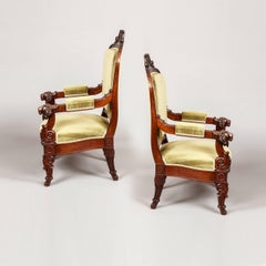 Pair of French Carved Mahogany Armchairs, 19th Century