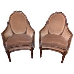 Pair of French Carved Mahogany Wing Back Armchairs