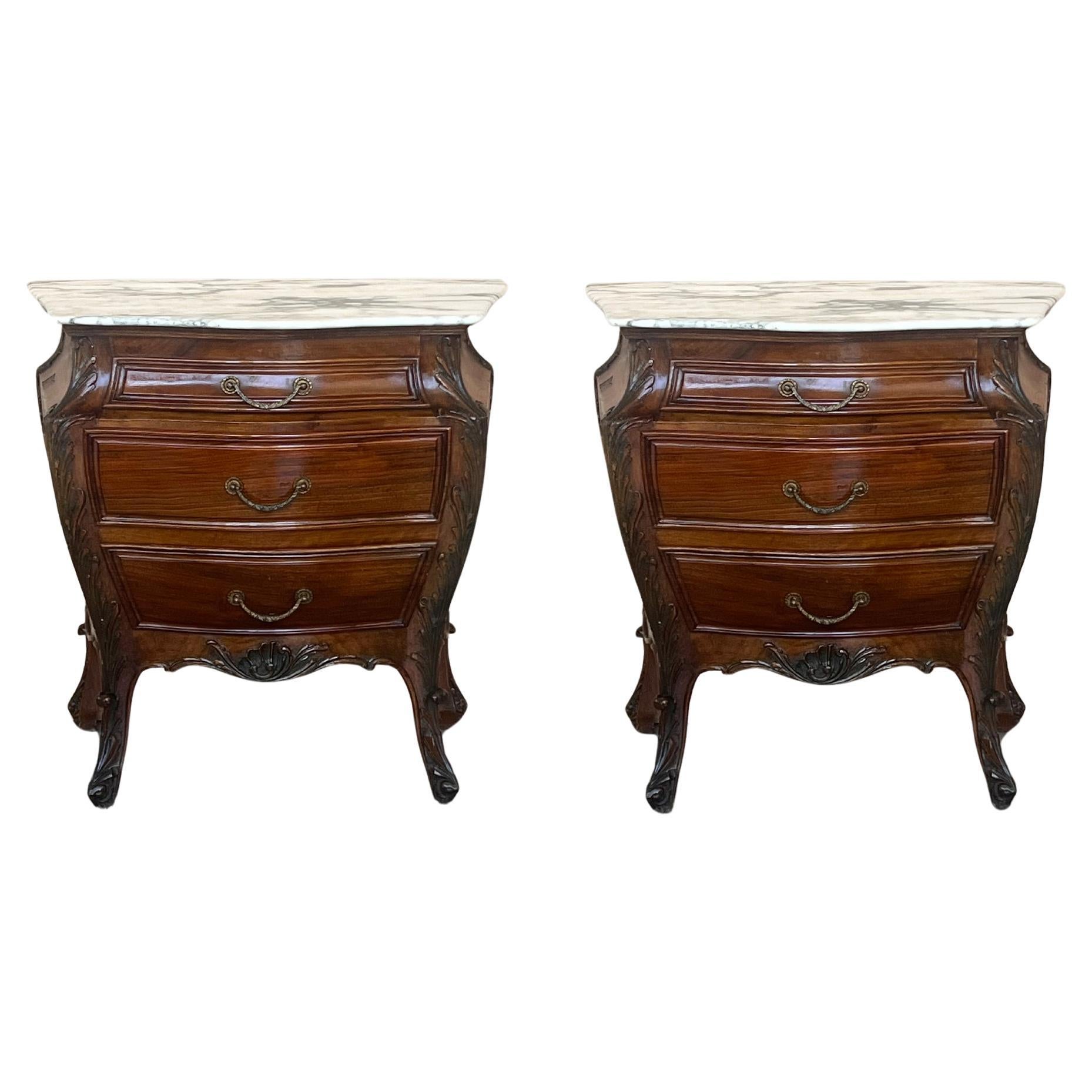 Pair of French Carved Nightstands with three Drawers and Marble Top