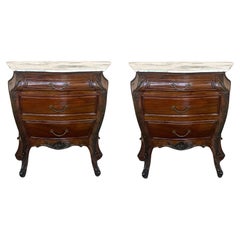 Antique Pair of French Carved Nightstands with three Drawers and Marble Top