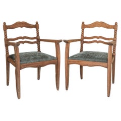Vintage Pair of French Carved Oak Armchairs